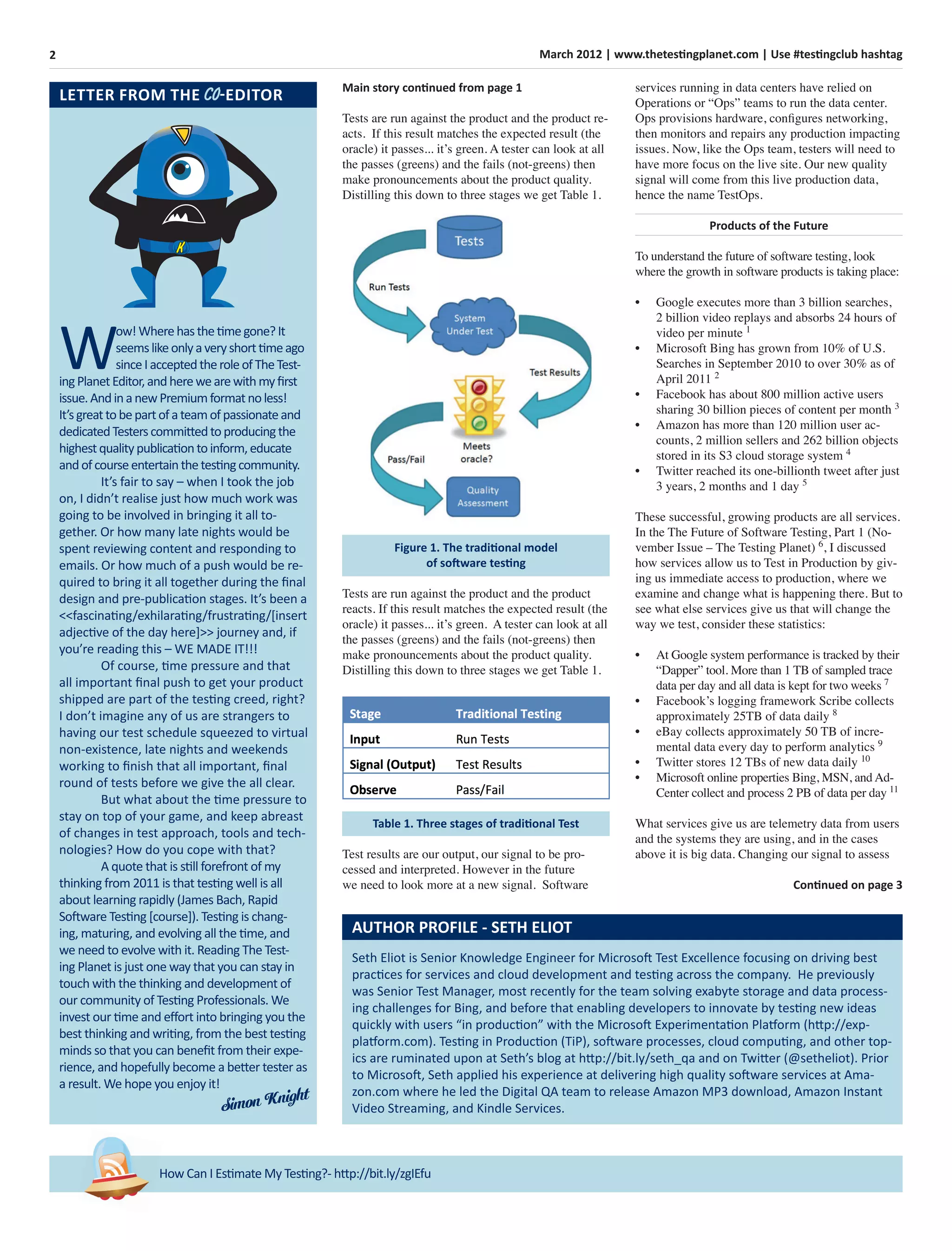2 March 2012 | www.thetestingplanet.com | Use #testingclub hashtag
Seth Eliot is Senior Knowledge Engineer for Microsoft Test Excellence focusing on driving best
practices for services and cloud development and testing across the company. He previously
was Senior Test Manager, most recently for the team solving exabyte storage and data process-
ing challenges for Bing, and before that enabling developers to innovate by testing new ideas
quickly with users “in production” with the Microsoft Experimentation Platform (http://exp-
platform.com). Testing in Production (TiP), software processes, cloud computing, and other top-
ics are ruminated upon at Seth’s blog at http://bit.ly/seth_qa and on Twitter (@setheliot). Prior
to Microsoft, Seth applied his experience at delivering high quality software services at Ama-
zon.com where he led the Digital QA team to release Amazon MP3 download, Amazon Instant
Video Streaming, and Kindle Services.
AUTHOR PROFILE - SETH ELIOT
How Can I Estimate My Testing?- http://bit.ly/zgIEfu
Main story continued from page 1
Tests are run against the product and the product re-
acts. If this result matches the expected result (the
oracle) it passes... it’s green. A tester can look at all
the passes (greens) and the fails (not-greens) then
make pronouncements about the product quality.
Distilling this down to three stages we get Table 1.
Figure 1. The traditional model
of software testing
Tests are run against the product and the product
reacts. If this result matches the expected result (the
oracle) it passes... it’s green. A tester can look at all
the passes (greens) and the fails (not-greens) then
make pronouncements about the product quality.
Distilling this down to three stages we get Table 1.
Table 1. Three stages of traditional Test
Test results are our output, our signal to be pro-
cessed and interpreted. However in the future
we need to look more at a new signal. Software
services running in data centers have relied on
Operations or “Ops” teams to run the data center.
Ops provisions hardware, conﬁgures networking,
then monitors and repairs any production impacting
issues. Now, like the Ops team, testers will need to
have more focus on the live site. Our new quality
signal will come from this live production data,
hence the name TestOps.
Products of the Future
To understand the future of software testing, look
where the growth in software products is taking place:
• Google executes more than 3 billion searches,
2 billion video replays and absorbs 24 hours of
video per minute 1
• Microsoft Bing has grown from 10% of U.S.
Searches in September 2010 to over 30% as of
April 2011 2
• Facebook has about 800 million active users
sharing 30 billion pieces of content per month 3
• Amazon has more than 120 million user ac-
counts, 2 million sellers and 262 billion objects
stored in its S3 cloud storage system 4
• Twitter reached its one-billionth tweet after just
3 years, 2 months and 1 day 5
These successful, growing products are all services.
In the The Future of Software Testing, Part 1 (No-
vember Issue – The Testing Planet) 6
, I discussed
how services allow us to Test in Production by giv-
ing us immediate access to production, where we
examine and change what is happening there. But to
see what else services give us that will change the
way we test, consider these statistics:
• At Google system performance is tracked by their
“Dapper” tool. More than 1 TB of sampled trace
data per day and all data is kept for two weeks 7
• Facebook’s logging framework Scribe collects
approximately 25TB of data daily 8
• eBay collects approximately 50 TB of incre-
mental data every day to perform analytics 9
• Twitter stores 12 TBs of new data daily 10
• Microsoft online properties Bing, MSN, and Ad-
Center collect and process 2 PB of data per day 11
What services give us are telemetry data from users
and the systems they are using, and in the cases
above it is big data. Changing our signal to assess
Continued on page 3
W
ow!Wherehasthetimegone?It
seemslikeonlyaveryshorttimeago
sinceIacceptedtheroleofTheTest-
ingPlanetEditor,andherewearewithmyﬁrst
issue.AndinanewPremiumformatnoless!
It’sgreattobepartofateamofpassionateand
dedicatedTesterscommittedtoproducingthe
highestqualitypublicationtoinform,educate
andofcourseentertainthetestingcommunity.
It’s fair to say – when I took the job
on, I didn’t realise just how much work was
going to be involved in bringing it all to-
gether. Or how many late nights would be
spent reviewing content and responding to
emails. Or how much of a push would be re-
quired to bring it all together during the ﬁnal
design and pre-publication stages. It’s been a
<<fascinating/exhilarating/frustrating/[insert
adjective of the day here]>> journey and, if
you’re reading this – WE MADE IT!!!
Of course, time pressure and that
all important ﬁnal push to get your product
shipped are part of the testing creed, right?
I don’t imagine any of us are strangers to
having our test schedule squeezed to virtual
non-existence, late nights and weekends
working to ﬁnish that all important, ﬁnal
round of tests before we give the all clear.
But what about the time pressure to
stay on top of your game, and keep abreast
of changes in test approach, tools and tech-
nologies? How do you cope with that?
A quote that is still forefront of my
thinking from 2011 is that testing well is all
about learning rapidly (James Bach, Rapid
Software Testing [course]). Testing is chang-
ing, maturing, and evolving all the time, and
we need to evolve with it. Reading The Test-
ing Planet is just one way that you can stay in
touch with the thinking and development of
our community of Testing Professionals. We
invest our time and eﬀort into bringing you the
best thinking and writing, from the best testing
minds so that you can beneﬁt from their expe-
rience, and hopefully become a better tester as
a result. We hope you enjoy it!
LETTER FROM THE CO-EDITOR
Simon Knight
KK
 