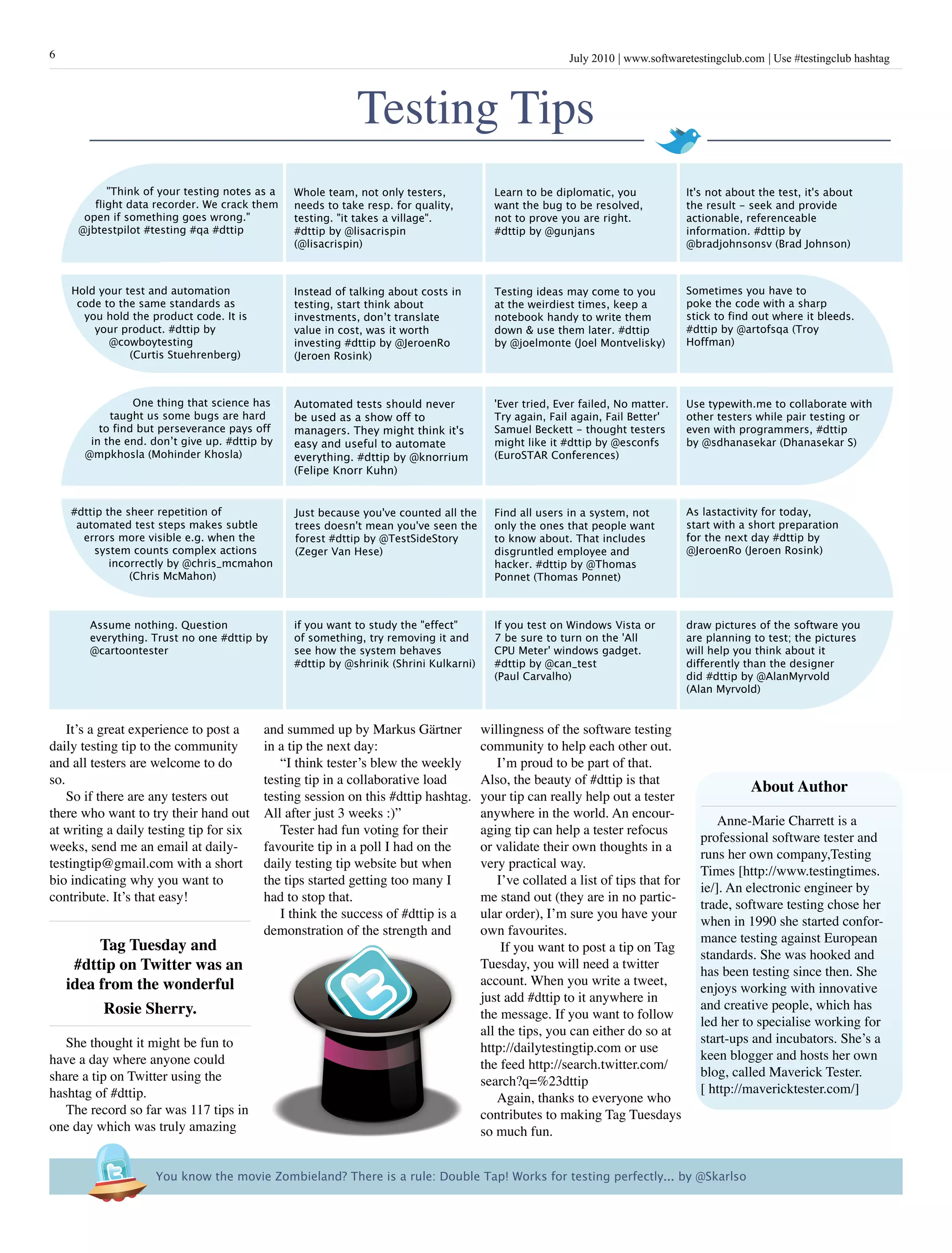 6                                                                                                       July 2010 www.softwaretestingclub.com Use #testingclub hashtag




                                                           Testing Tips
           "Think of your testing notes as a   Whole team, not only testers,            Learn to be diplomatic, you               It's not about the test, it's about 
        flight data recorder. We crack them    needs to take resp. for quality,         want the bug to be resolved,              the result - seek and provide 
      open if something goes wrong."           testing. "it takes a village".           not to prove you are right.               actionable, referenceable 
     @jbtestpilot #testing #qa #dttip          #dttip by @lisacrispin                   #dttip by @gunjans                        information. #dttip by 
                                               (@lisacrispin)                                                                     @bradjohnsonsv (Brad Johnson)



    Hold your test and automation              Instead of talking about costs in        Testing ideas may come to you             Sometimes you have to 
     code to the same standards as             testing, start think about               at the weirdiest times, keep a            poke the code with a sharp 
      you hold the product code. It is         investments, donʼt translate             notebook handy to write them              stick to find out where it bleeds. 
        your product. #dttip by                value in cost, was it worth              down & use them later. #dttip             #dttip by @artofsqa (Troy 
           @cowboytesting                      investing #dttip by @JeroenRo            by @joelmonte (Joel Montvelisky)          Hoffman)
               (Curtis Stuehrenberg)           (Jeroen Rosink)



                One thing that science has     Automated tests should never             'Ever tried, Ever failed, No matter.      Use typewith.me to collaborate with 
           taught us some bugs are hard        be used as a show off to                 Try again, Fail again, Fail Better'       other testers while pair testing or 
         to find but perseverance pays off     managers. They might think it's          Samuel Beckett - thought testers          even with programmers, #dttip 
       in the end. donʼt give up. #dttip by    easy and useful to automate              might like it #dttip by @esconfs          by @sdhanasekar (Dhanasekar S)
      @mpkhosla (Mohinder Khosla)              everything. #dttip by @knorrium          (EuroSTAR Conferences)
                                               (Felipe Knorr Kuhn)


    #dttip the sheer repetition of             Just because you've counted all the      Find all users in a system, not           As lastactivity for today, 
     automated test steps makes subtle         trees doesn't mean you've seen the       only the ones that people want            start with a short preparation 
      errors more visible e.g. when the        forest #dttip by @TestSideStory          to know about. That includes              for the next day #dttip by 
         system counts complex actions         (Zeger Van Hese)                         disgruntled employee and                  @JeroenRo (Jeroen Rosink)
            incorrectly by @chris_mcmahon                                               hacker. #dttip by @Thomas
                (Chris McMahon)                                                         Ponnet (Thomas Ponnet)



       Assume nothing. Question                if you want to study the "effect"        If you test on Windows Vista or           draw pictures of the software you 
       everything. Trust no one #dttip by      of something, try removing it and        7 be sure to turn on the 'All             are planning to test; the pictures 
       @cartoontester                          see how the system behaves               CPU Meter' windows gadget.                will help you think about it 
                                               #dttip by @shrinik (Shrini Kulkarni)     #dttip by @can_test                       differently than the designer 
                                                                                        (Paul Carvalho)                           did #dttip by @AlanMyrvold 
                                                                                                                                  (Alan Myrvold)


    It’s a great experience to post a     and summed up by Markus Gärtner             willingness of the software testing
daily testing tip to the community        in a tip the next day:                      community to help each other out.
and all testers are welcome to do            “I think tester’s blew the weekly            I’m proud to be part of that.
so.                                       testing tip in a collaborative load         Also, the beauty of #dttip is that
                                                                                                                                               about author
    So if there are any testers out       testing session on this #dttip hashtag.     your tip can really help out a tester
there who want to try their hand out      All after just 3 weeks :)”                  anywhere in the world. An encour-
                                                                                                                                         Anne-Marie Charrett is a
at writing a daily testing tip for six       Tester had fun voting for their          aging tip can help a tester refocus
                                                                                                                                     professional software tester and
weeks, send me an email at daily-         favourite tip in a poll I had on the        or validate their own thoughts in a
                                                                                                                                     runs her own company,Testing
testingtip@gmail.com with a short         daily testing tip website but when          very practical way.
                                                                                                                                     Times [http://www.testingtimes.
bio indicating why you want to            the tips started getting too many I             I’ve collated a list of tips that for
                                                                                                                                     ie/]. An electronic engineer by
contribute. It’s that easy!               had to stop that.                           me stand out (they are in no partic-
                                                                                                                                     trade, software testing chose her
                                             I think the success of #dttip is a       ular order), I’m sure you have your
                                                                                                                                     when in 1990 she started confor-
                                          demonstration of the strength and           own favourites.
                                                                                                                                     mance testing against European
         Tag Tuesday and                                                                   If you want to post a tip on Tag
                                                                                                                                     standards. She was hooked and
     #dttip on Twitter was an                                                         Tuesday, you will need a twitter
                                                                                                                                     has been testing since then. She
    idea from the wonderful                                                           account. When you write a tweet,
                                                                                                                                     enjoys working with innovative
                                                                                      just add #dttip to it anywhere in
          rosie sherry.                                                                                                              and creative people, which has
                                                                                      the message. If you want to follow
                                                                                                                                     led her to specialise working for
                                                                                      all the tips, you can either do so at
   She thought it might be fun to                                                                                                    start-ups and incubators. She’s a
                                                                                      http://dailytestingtip.com or use
have a day where anyone could                                                                                                        keen blogger and hosts her own
                                                                                      the feed http://search.twitter.com/
share a tip on Twitter using the                                                                                                     blog, called Maverick Tester.
                                                                                      search?q=%23dttip
hashtag of #dttip.                                                                                                                   [ http://mavericktester.com/]
                                                                                          Again, thanks to everyone who
   The record so far was 117 tips in                                                  contributes to making Tag Tuesdays
one day which was truly amazing                                                       so much fun.


                    You know the movie Zombieland? There is a rule: Double Tap! Works for testing perfectly... by @Skarlso
 