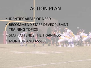 ACTION PLAN IDENTIFY AREAS OF NEEDRECOMMEND STAFF DEVEOPLEMNT TRAINING TOPICSSTAFF ATTENDS THE TRAININGSMONITOR AND ASSESS 