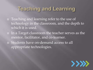    Teaching and learning refer to the use of
    technology in the classroom, and the depth to
    which it is used.
   In a Target classroom the teacher serves as the
    mentor, facilitator, and co-learner.
   Students have on-demand access to all
    appropriate technologies.
 