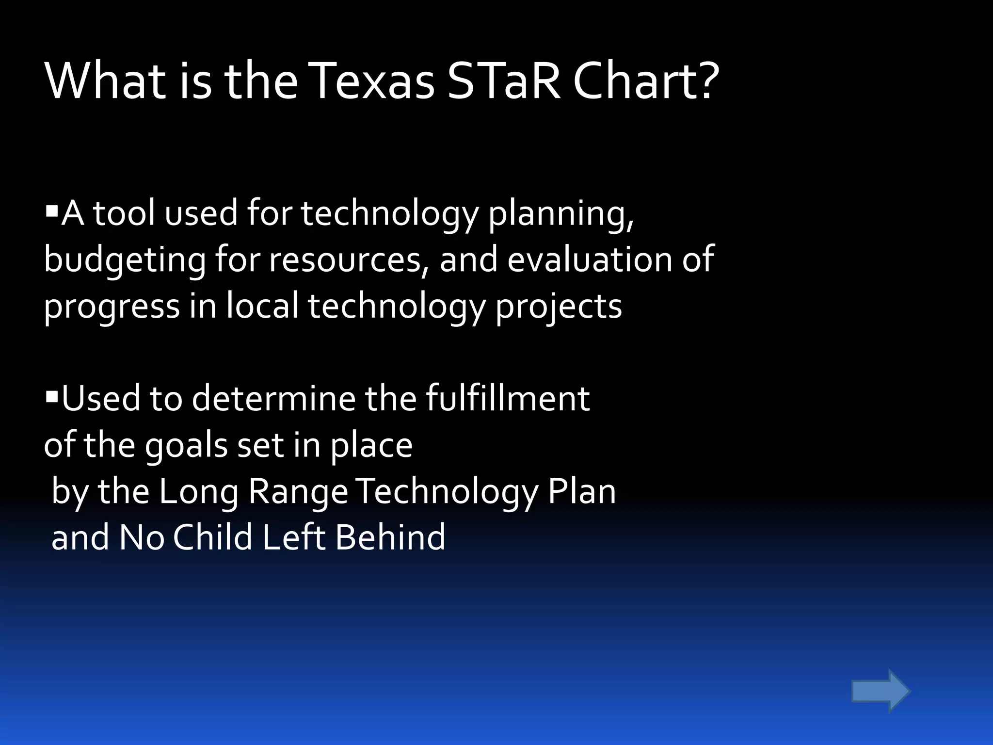 What is the Texas STaR Chart?A tool used for technology planning,budgeting for resources, and evaluation of progress in local technology projectsUsed to determine the fulfillment of the goals set in place by the Long Range Technology Plan and No Child Left Behind