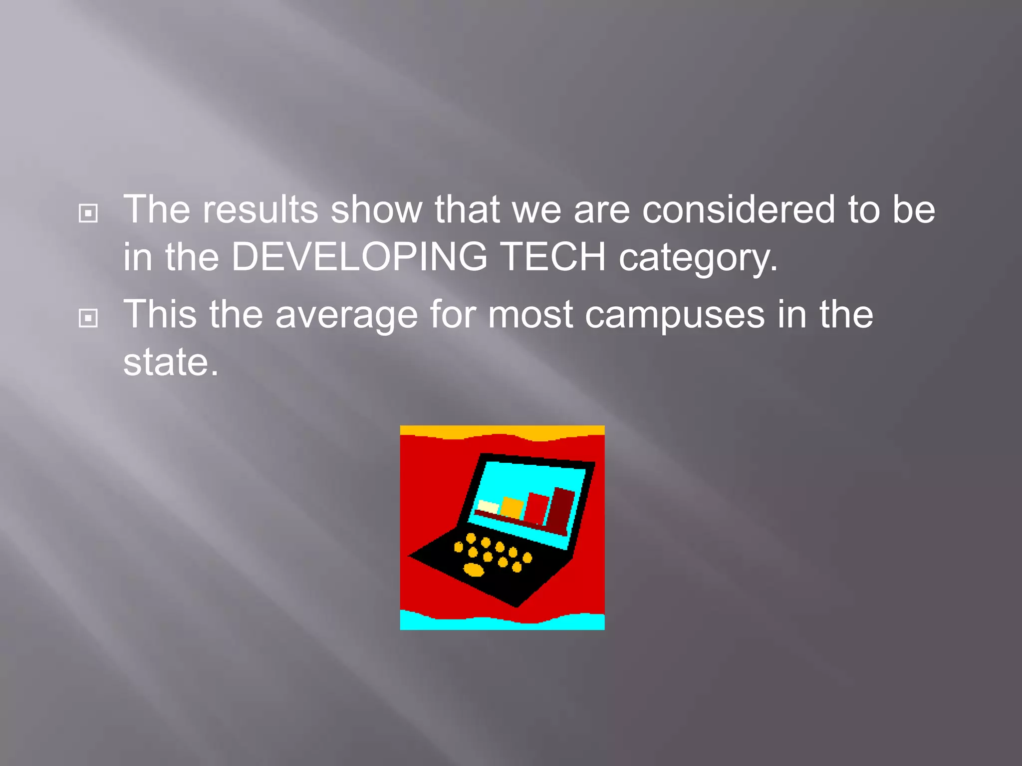 The results show that we are considered to be in the DEVELOPING TECH category.This the average for most campuses in the state.