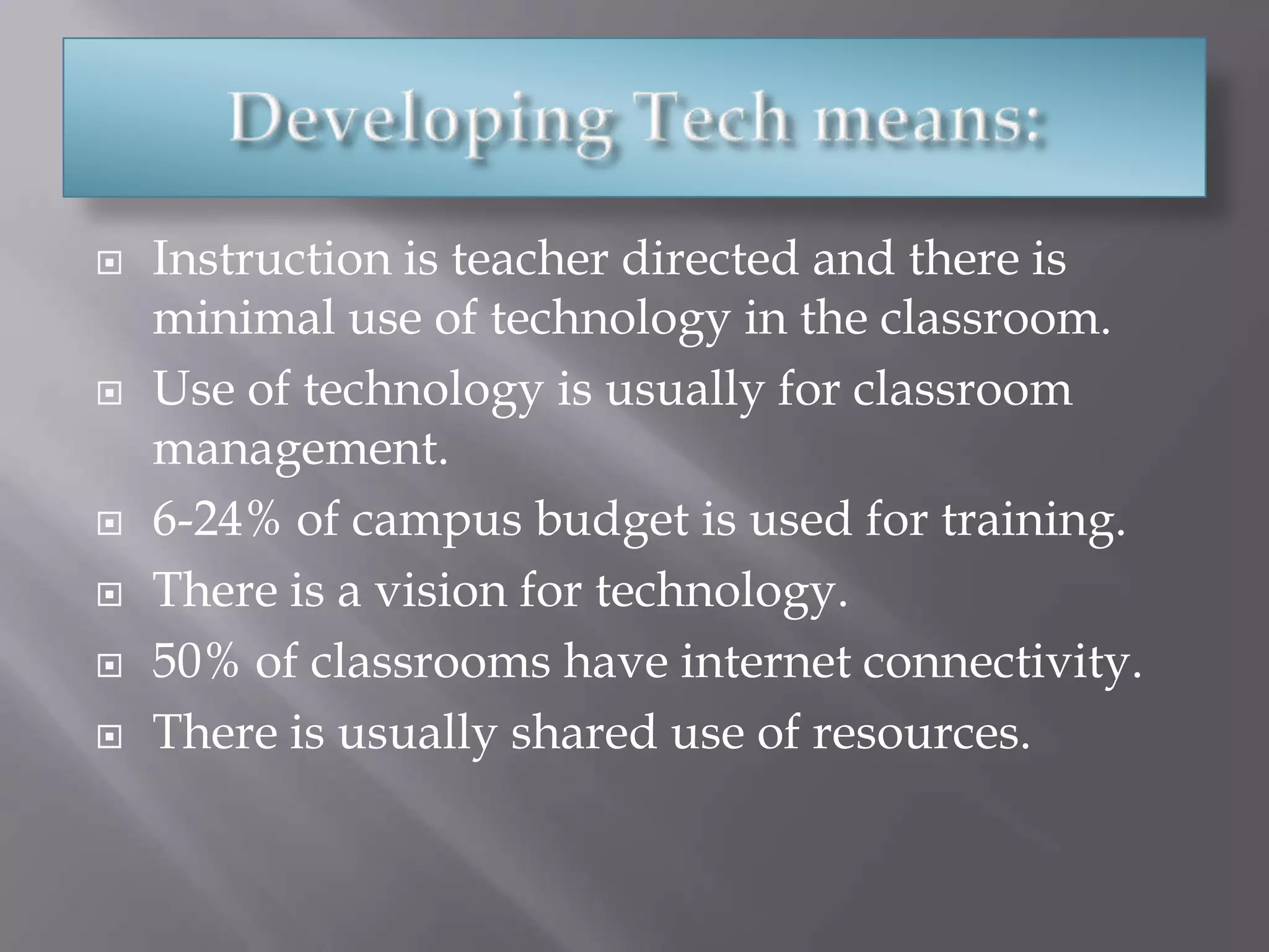 Developing Tech means:Instruction is teacher directed and there is minimal use of technology in the classroom.Use of technology is usually for classroom management.6-24% of campus budget is used for training.There is a vision for technology.50% of classrooms have internet connectivity.There is usually shared use of resources.