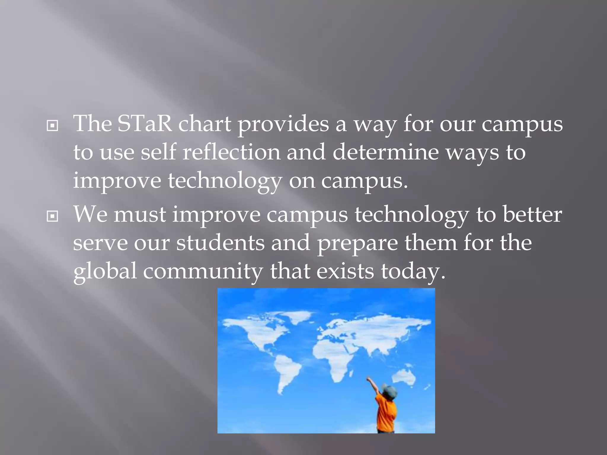The STaR chart provides a way for our campus to use self reflection and determine ways to improve technology on campus.We must improve campus technology to better serve our students and prepare them for the global community that exists today.
