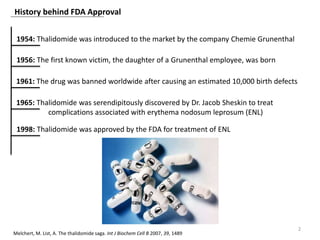 2
History behind FDA Approval
1954: Thalidomide was introduced to the market by the company Chemie Grunenthal
1956: The first known victim, the daughter of a Grunenthal employee, was born
1961: The drug was banned worldwide after causing an estimated 10,000 birth defects
1965: Thalidomide was serendipitously discovered by Dr. Jacob Sheskin to treat
complications associated with erythema nodosum leprosum (ENL)
1998: Thalidomide was approved by the FDA for treatment of ENL
Melchert, M. List, A. The thalidomide saga. Int J Biochem Cell B 2007, 39, 1489
 