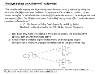 The Myth Behind the Chirality of Thalidomide
4
Agranat, I.; Caner, H.; Caldwell, J. Putting Chirality to Work: The Strategy of Chiral Switches. Nature Rev Drug Discov 2002, 1, 753.
Reist, M.; Carrupt, P-A.; Francotte, E.; Testa, B. Chem Res Toxicol 1998, 11, 1521
“The thalidomide tragedy would probably never have occurred if, instead of using the
racemate, the (R)-enantiomer had been brought on to the market. In studies … it was
shown that after i.p. administration only the (S)-(–)-enantiomer exerts an embryotoxic and
teratogenic effect. The (R)-(+)-enantiomer is devoid of any of those effects under the same
experimental conditions”.
- C.J. De Ranter in X-Ray Crystallography and Drug Action
- Alluded to in the citation for the 2001 Nobel Prize in Chemistry
1) (S)-(-) was only more teratogenic in mice, but in rabbits, the most sensitive
species, both enantiomers were active.
2) Chiral center is unstable in protonated media and undergoes a rapid
configurational inversion, along with degradation of the glutarimide ring
 