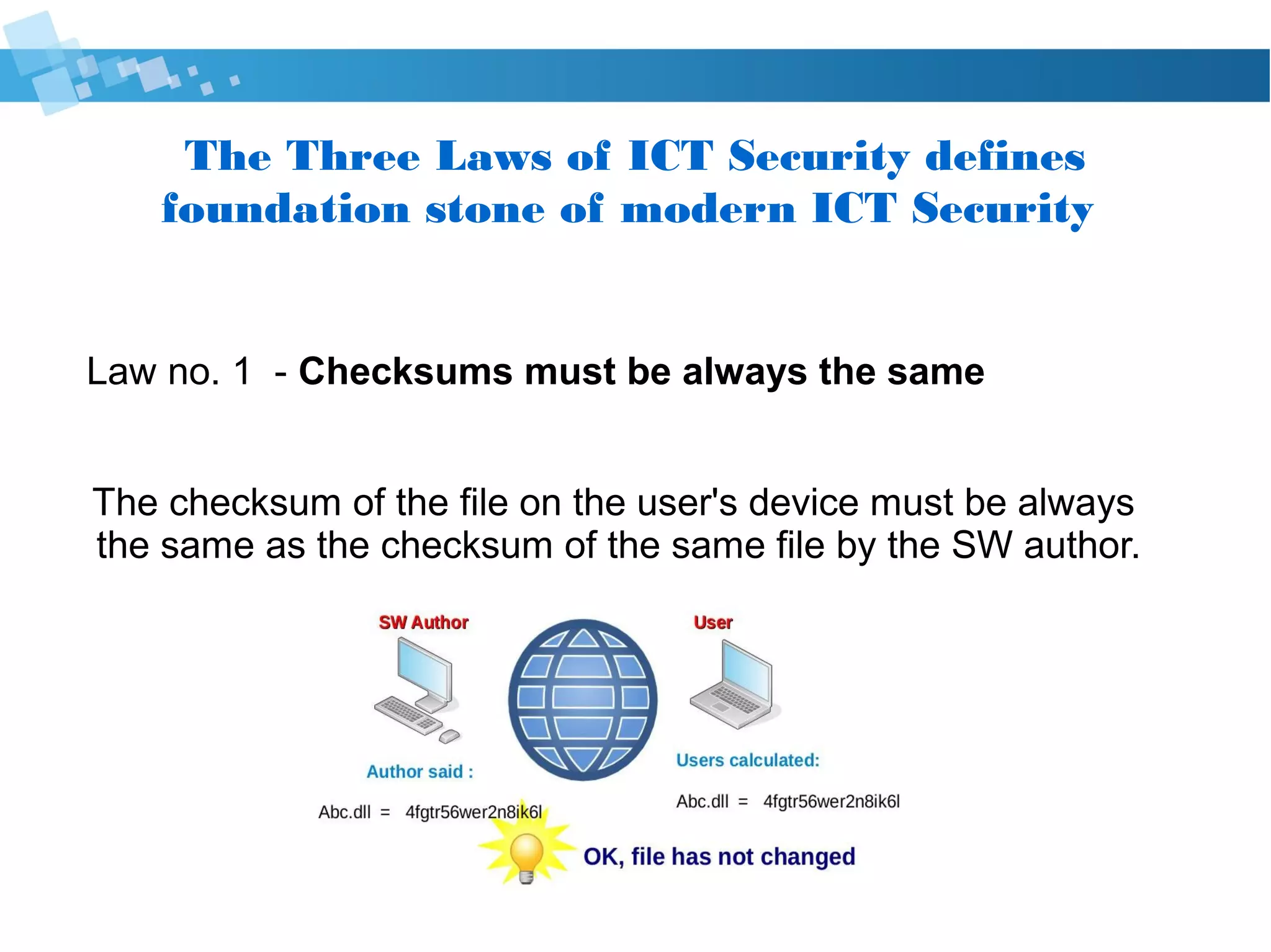 The Three Laws of Cyber Security defines
foundation stone of modern Cyber Security
Law no. 1 - Checksums must be always the same
The checksum of the file on the user's device must be always
the same as the checksum of the same file by the SW author.
 