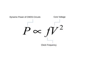 Dynamic Power of CMOS Circuits               Core Voltage




            P ∝ fV                                 2

                                 Clock Frequency
 