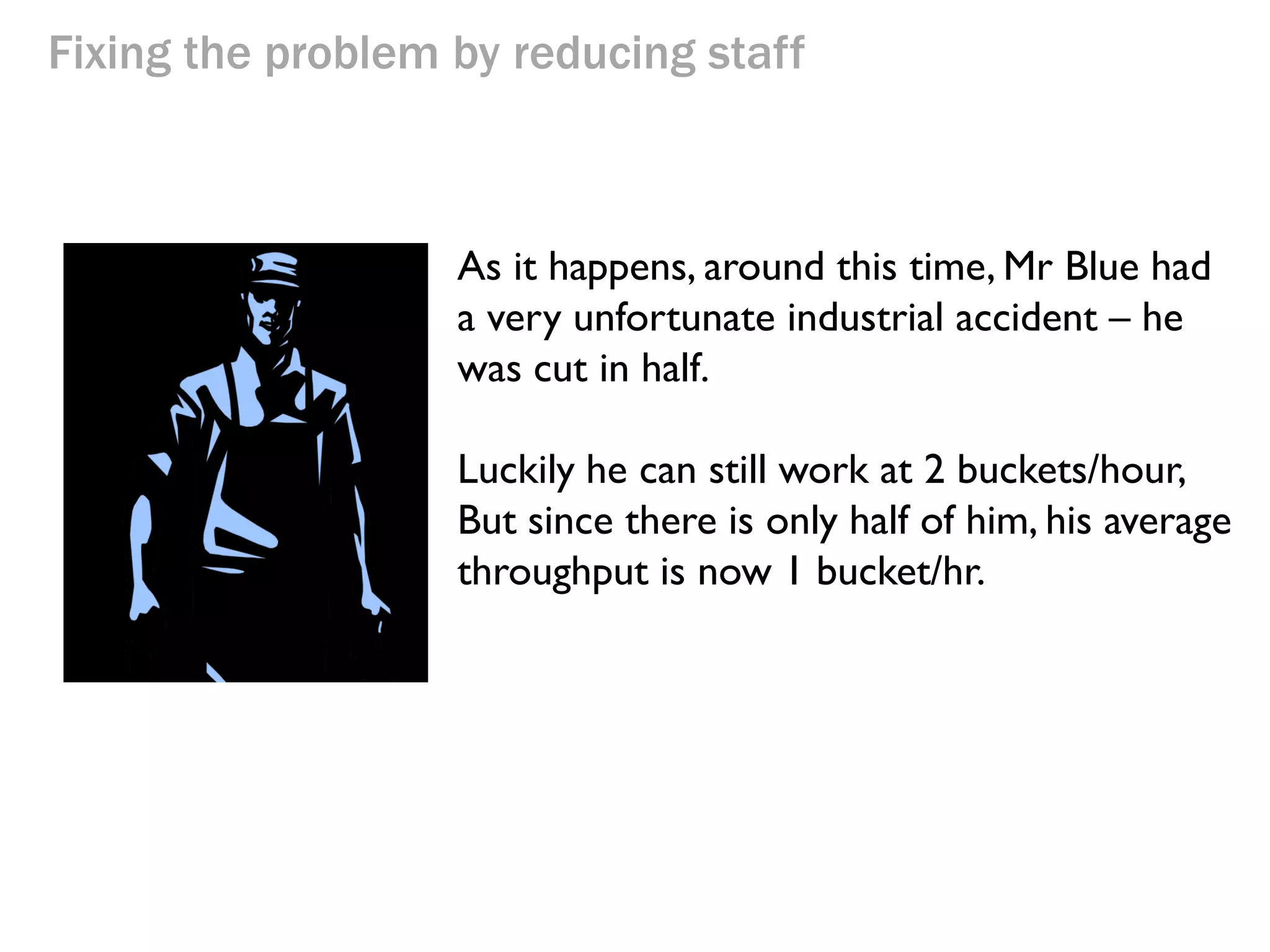Fixing the problem by reducing staff

As it happens, around this time, Mr Blue had
a very unfortunate industrial accident – he
was cut in half.

 