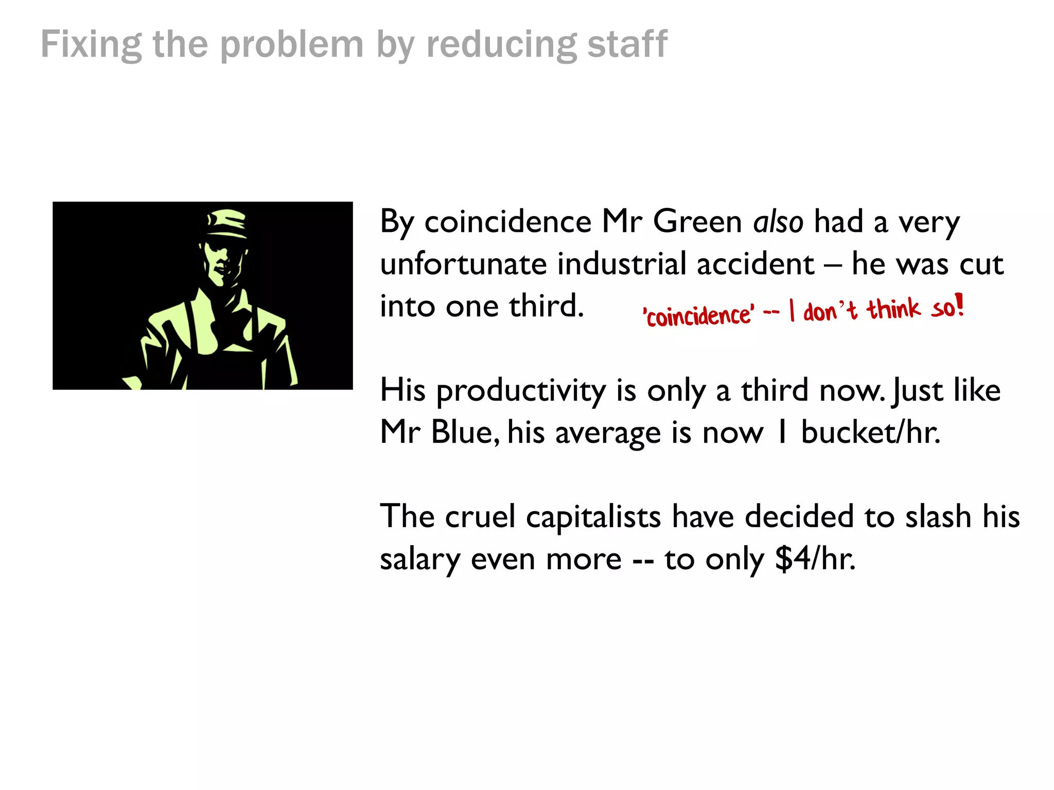 Fixing the problem by reducing staff

By coincidence Mr Green also had a very
unfortunate industrial accident – he was cut
into one third.

 