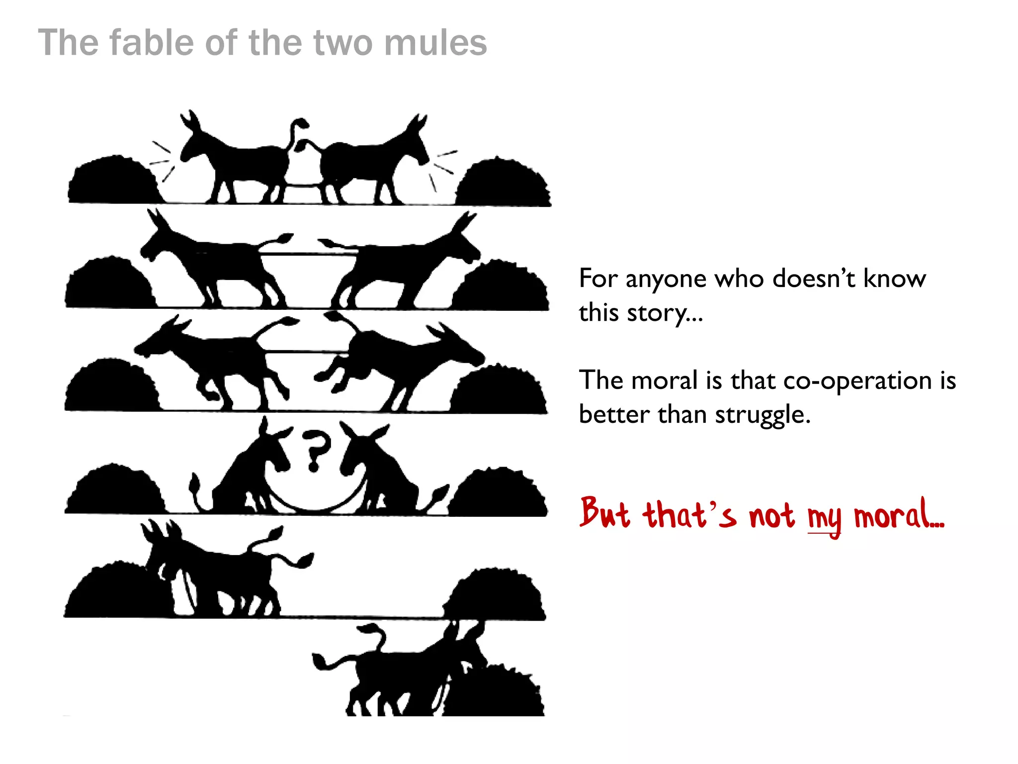 The fable of the two mules

For anyone who doesn’t know
this story...
The moral is that co-operation is
better than struggle.

 