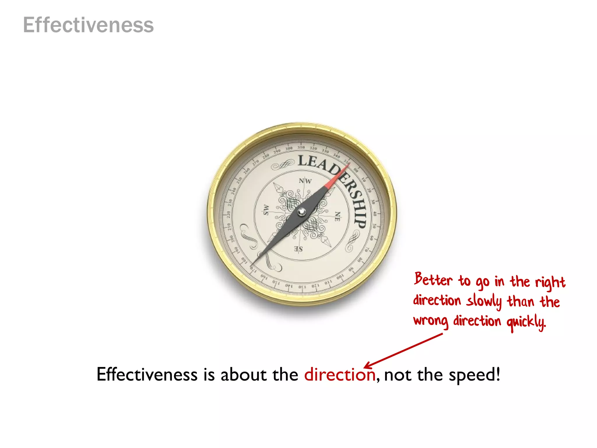 Effectiveness

Effectiveness is about the direction, not the speed!

 