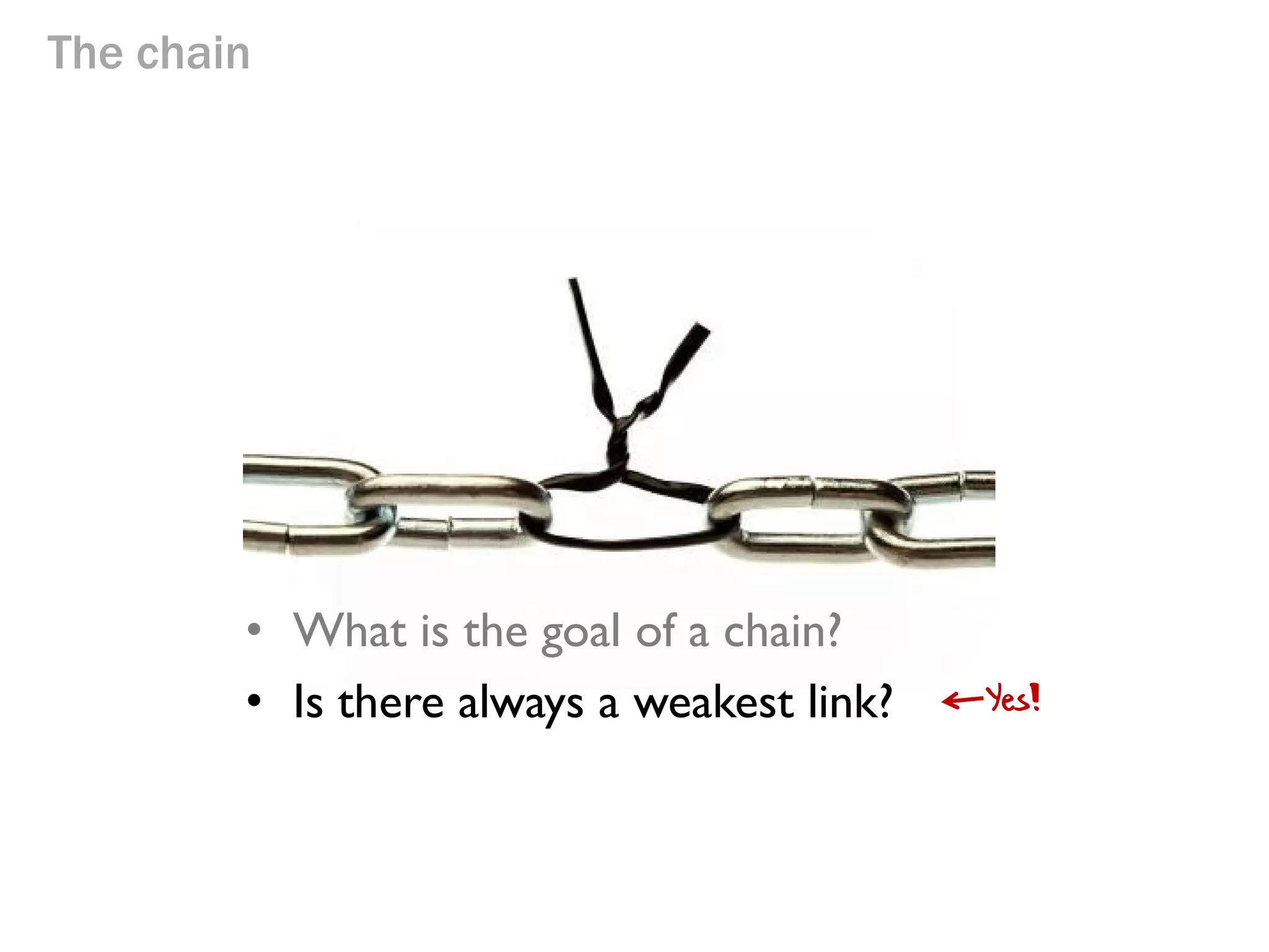 The chain

• What is the goal of a chain?
• Is there always a weakest link?

 