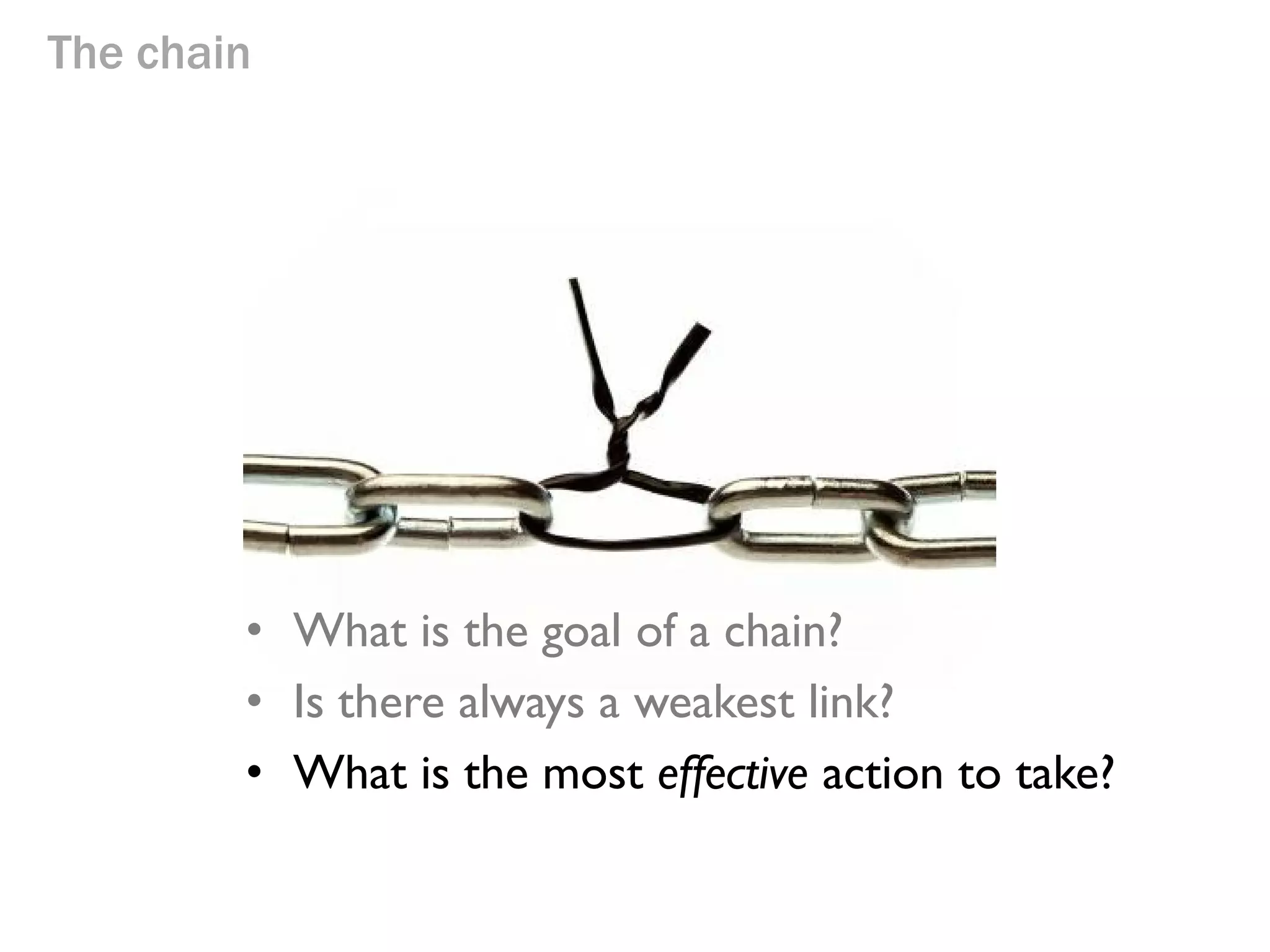The chain

• What is the goal of a chain?
• Is there always a weakest link?

Yes!

 