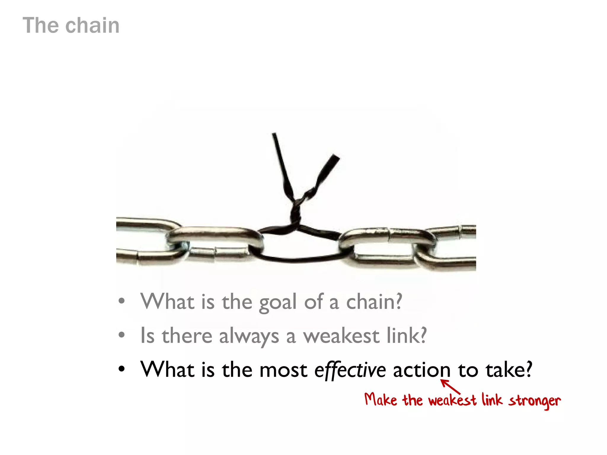 The chain

• What is the goal of a chain?
• Is there always a weakest link?
• What is the most effective action to take?

 