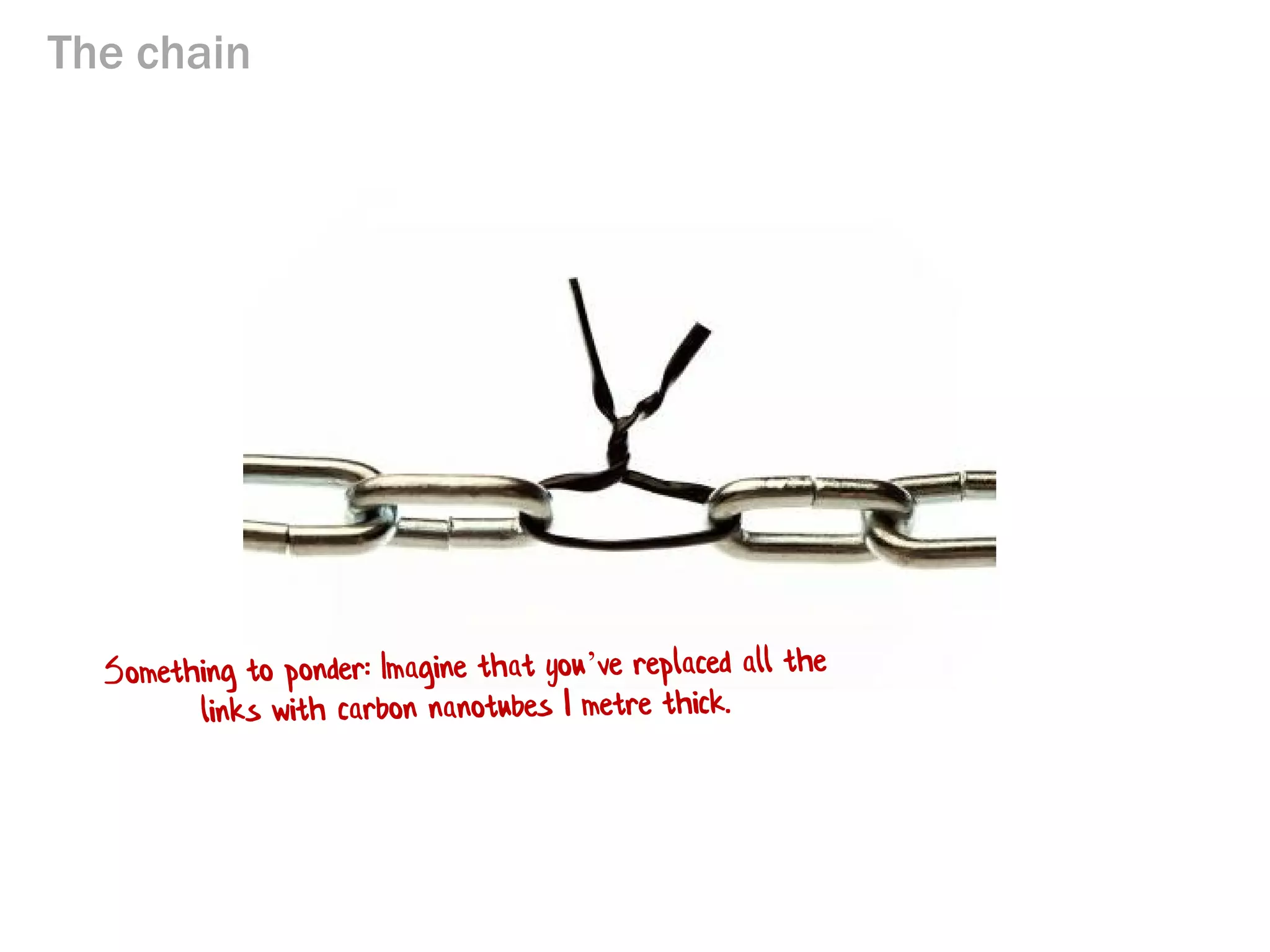 The chain

• What is the goal of a chain?
• Is there always a weakest link?
• What is the most effective action to take?
Make the weakest link stronger

 