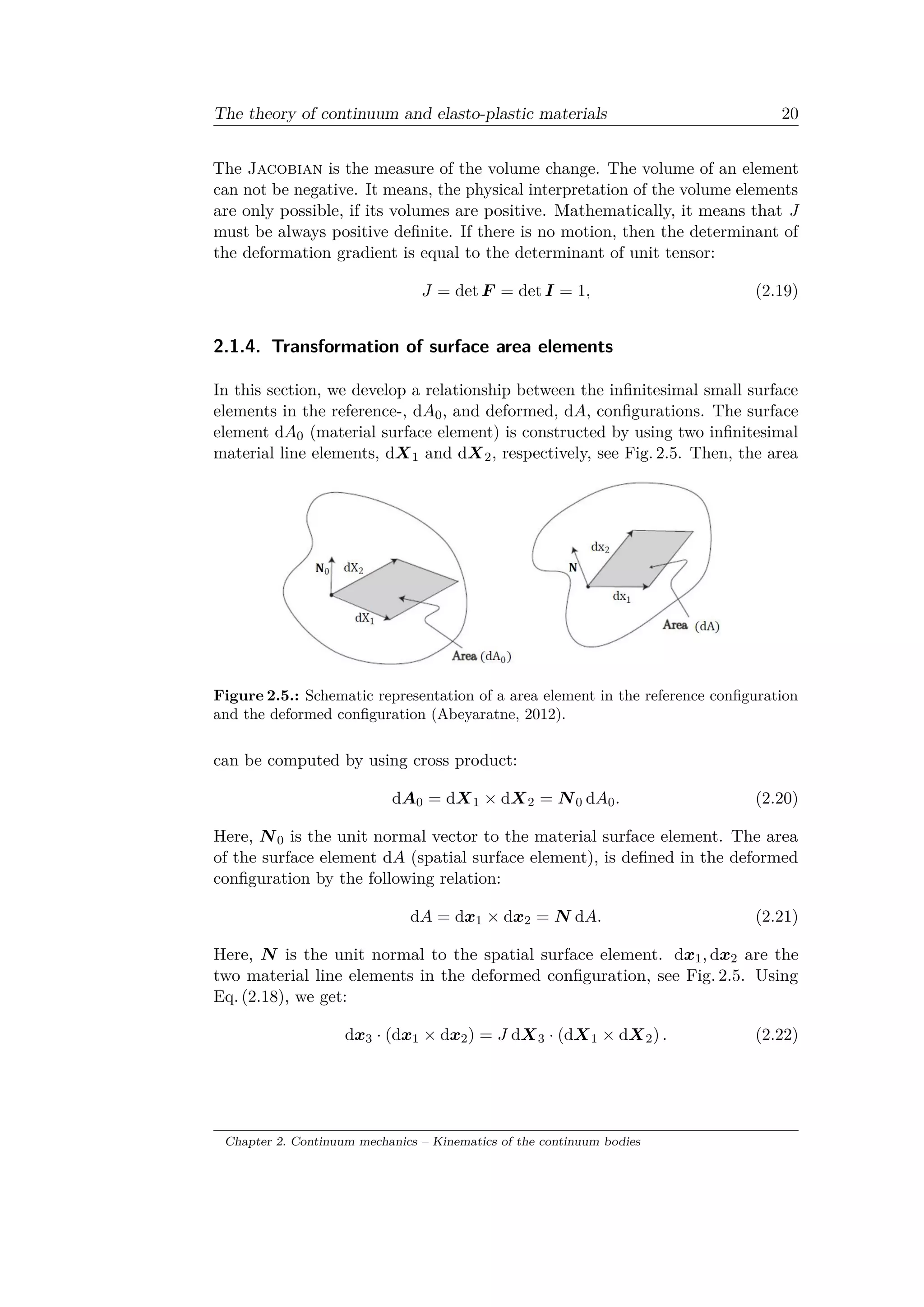 The theory of continuum and elasto-plastic materials 20
The Jacobian is the measure of the volume change. The volume of an element
can not be negative. It means, the physical interpretation of the volume elements
are only possible, if its volumes are positive. Mathematically, it means that J
must be always positive definite. If there is no motion, then the determinant of
the deformation gradient is equal to the determinant of unit tensor:
𝐽 = det 𝐹 = det 𝐼 = 1, (2.19)
2.1.4. Transformation of surface area elements
In this section, we develop a relationship between the infinitesimal small surface
elements in the reference-, d𝐴0, and deformed, d𝐴, configurations. The surface
element d𝐴0 (material surface element) is constructed by using two infinitesimal
material line elements, d𝑋1 and d𝑋2, respectively, see Fig. 2.5. Then, the area
Figure 2.5.: Schematic representation of a area element in the reference configuration
and the deformed configuration (Abeyaratne, 2012).
can be computed by using cross product:
d𝐴0 = d𝑋1 × d𝑋2 = 𝑁0 d𝐴0. (2.20)
Here, 𝑁0 is the unit normal vector to the material surface element. The area
of the surface element d𝐴 (spatial surface element), is defined in the deformed
configuration by the following relation:
d𝐴 = d𝑥1 × d𝑥2 = 𝑁 d𝐴. (2.21)
Here, 𝑁 is the unit normal to the spatial surface element. d𝑥1, d𝑥2 are the
two material line elements in the deformed configuration, see Fig. 2.5. Using
Eq. (2.18), we get:
d𝑥3 · (d𝑥1 × d𝑥2) = 𝐽 d𝑋3 · (d𝑋1 × d𝑋2) . (2.22)
Chapter 2. Continuum mechanics – Kinematics of the continuum bodies
 