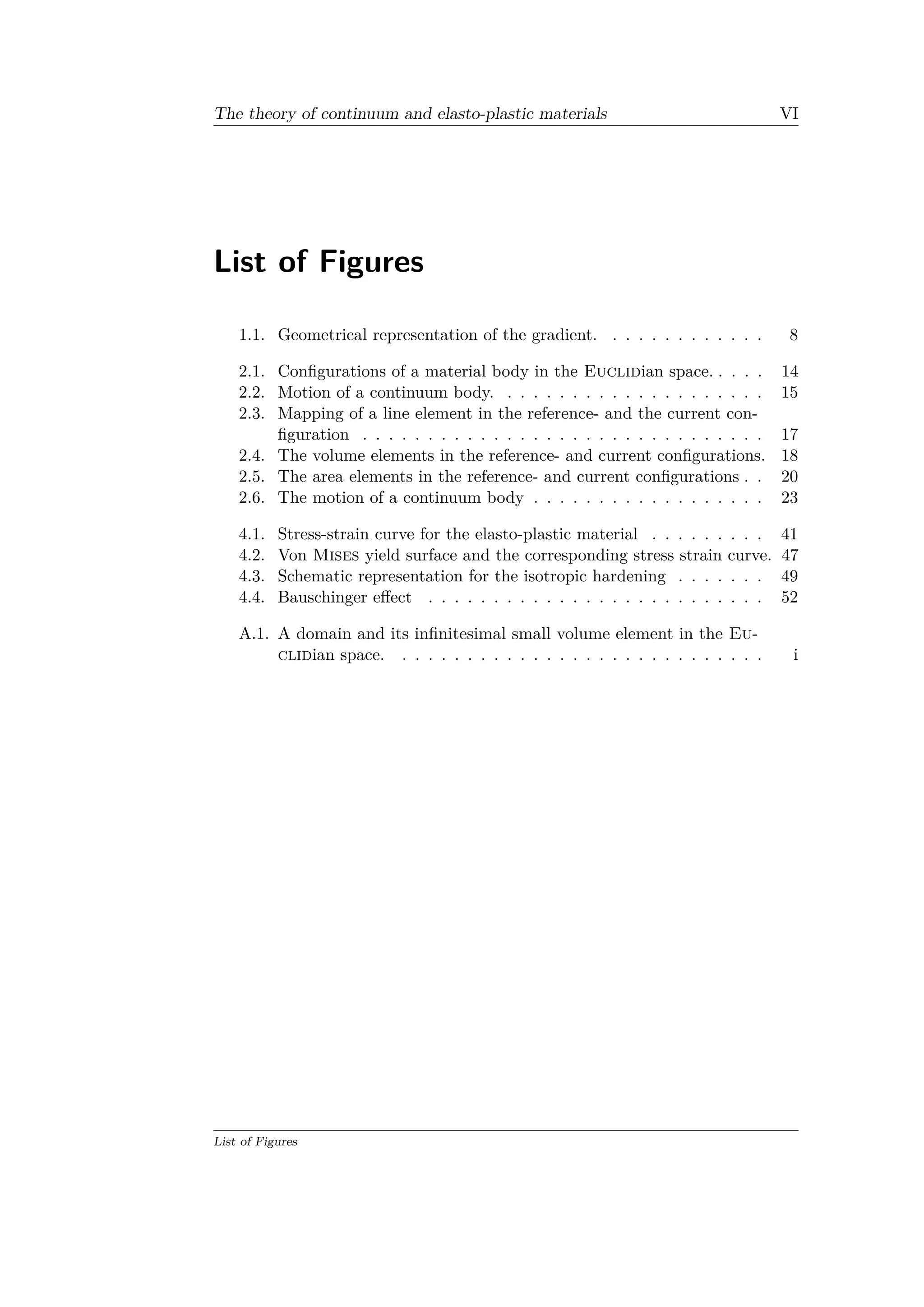 The theory of continuum and elasto-plastic materials VI
List of Figures
1.1. Geometrical representation of the gradient. . . . . . . . . . . . . 8
2.1. Configurations of a material body in the Euclidian space. . . . . 14
2.2. Motion of a continuum body. . . . . . . . . . . . . . . . . . . . . 15
2.3. Mapping of a line element in the reference- and the current con­
figuration . . . . . . . . . . . . . . . . . . . . . . . . . . . . . . . 17
2.4. The volume elements in the reference- and current configurations. 18
2.5. The area elements in the reference- and current configurations . . 20
2.6. The motion of a continuum body . . . . . . . . . . . . . . . . . . 23
4.1. Stress-strain curve for the elasto-plastic material . . . . . . . . . 41
4.2. Von Mises yield surface and the corresponding stress strain curve. 47
4.3. Schematic representation for the isotropic hardening . . . . . . . 49
4.4. Bauschinger effect . . . . . . . . . . . . . . . . . . . . . . . . . . 52
A.1. A domain and its infinitesimal small volume element in the Eu­
clidian space. . . . . . . . . . . . . . . . . . . . . . . . . . . . . i
List of Figures
 