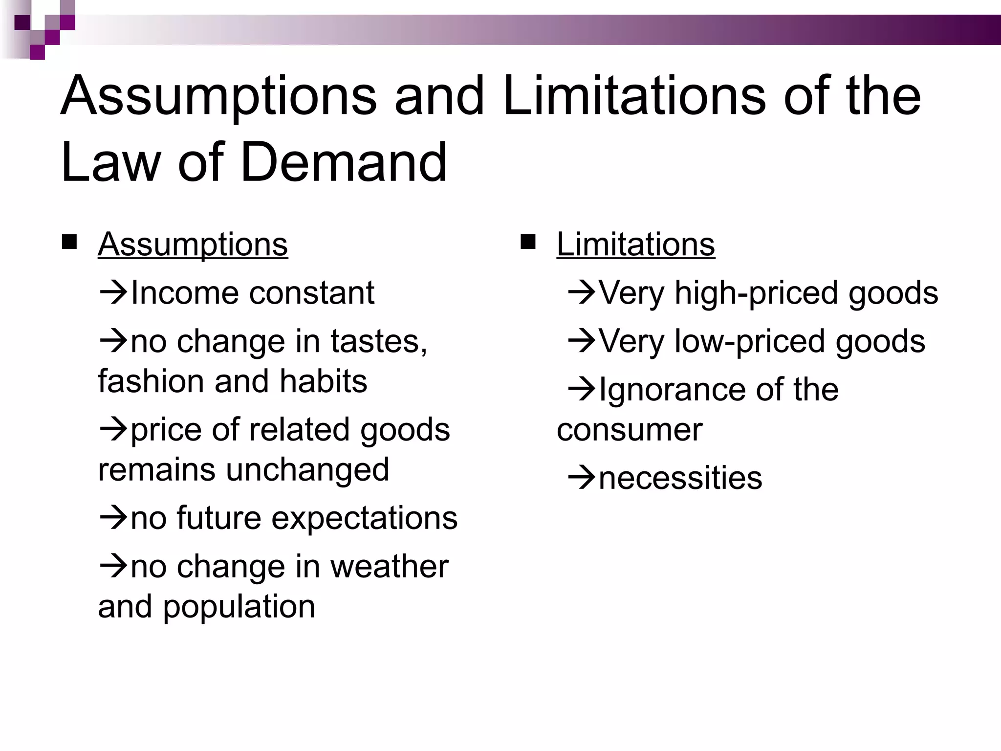 Assumptions and Limitations of the
Law of Demand
   Assumptions                  Limitations
    Income constant               Very high-priced goods
    no change in tastes,          Very low-priced goods
    fashion and habits             Ignorance of the
    price of related goods       consumer
    remains unchanged              necessities
    no future expectations
    no change in weather
    and population
 