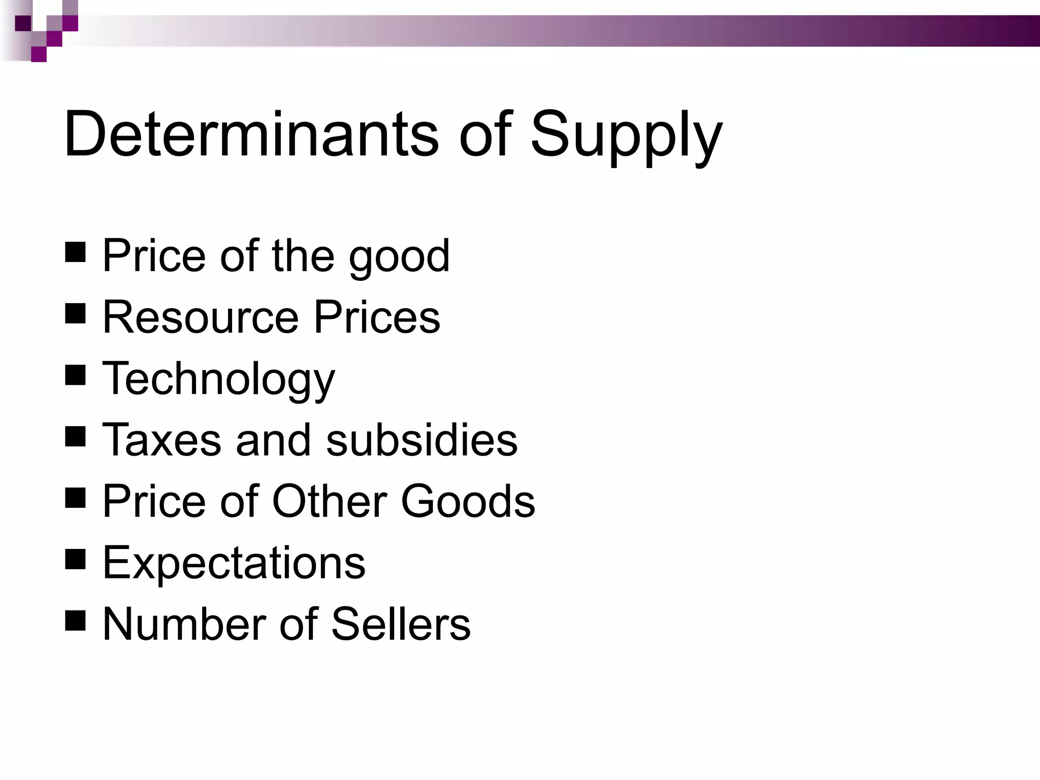 Determinants of Supply
 Price of the good
 Resource Prices
 Technology
 Taxes and subsidies
 Price of Other Goods
 Expectations
 Number of Sellers
 