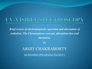 Brief review of electromagnetic spectrum and absorption of
radiation. The Chromophore concept, absorption law and
limitation.
By
ARIJIT CHAKRABORTY
M-PHARM (PHARMACOLOGY)
 