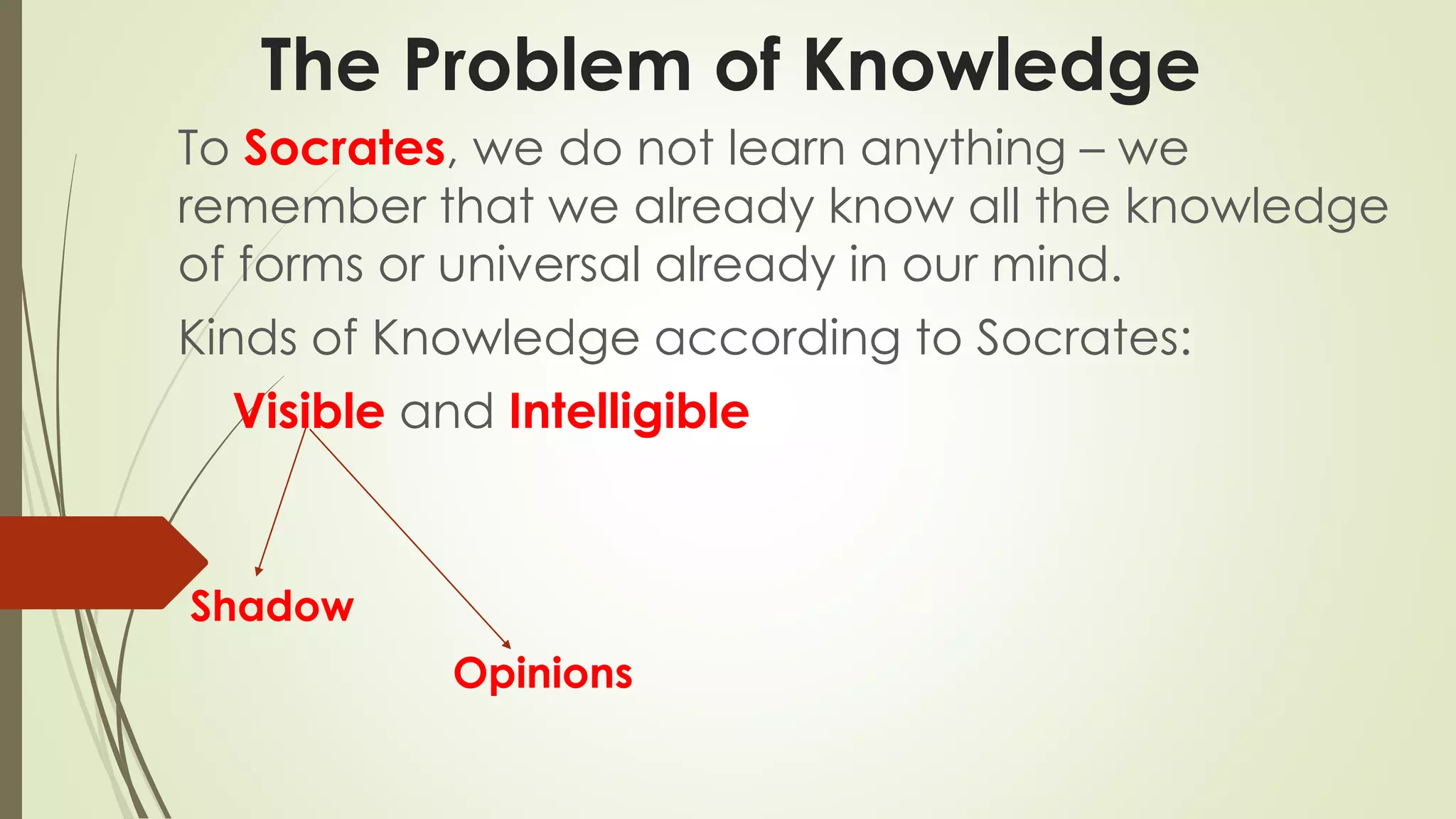 The Problem of Knowledge 
To Socrates, we do not learn anything – we 
remember that we already know all the knowledge 
of forms or universal already in our mind. 
Kinds of Knowledge according to Socrates: 
Visible and Intelligible 
Opinions 
Shadow 
 