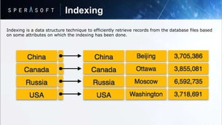 Indexing
Indexing is a data structure technique to efficiently retrieve records from the database files based
on some attributes on which the indexing has been done.
 