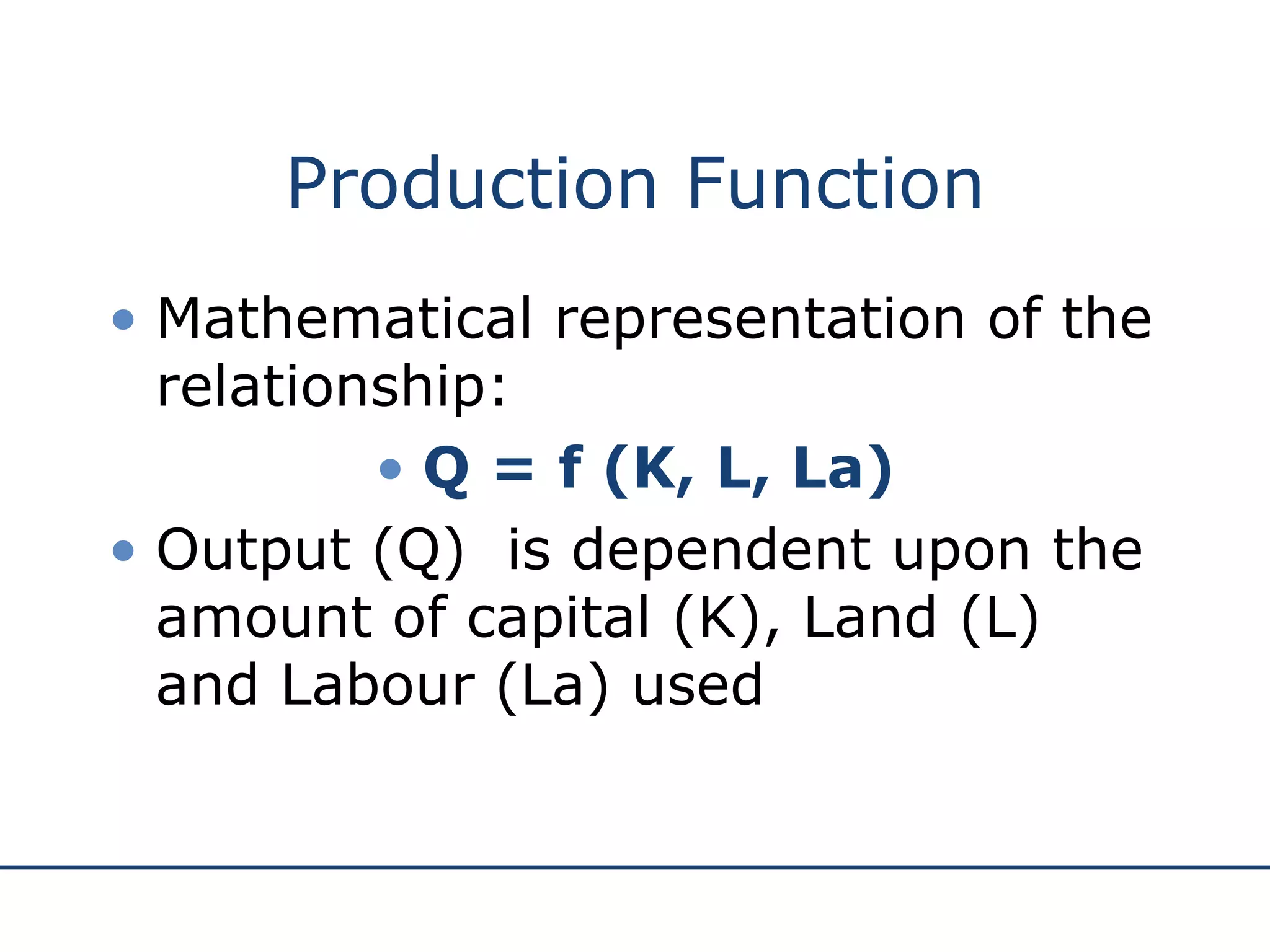 Production Function Mathematical representation of the relationship: Q = f (K, L, La) Output (Q)  is dependent upon the amount of capital (K), Land (L) and Labour (La) used 