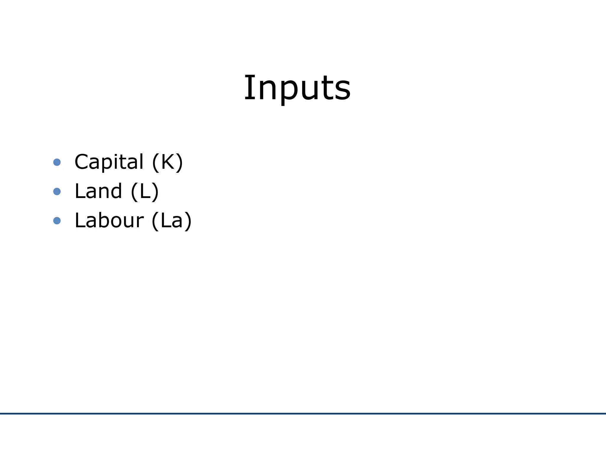Inputs  Capital (K) Land (L) Labour (La) 