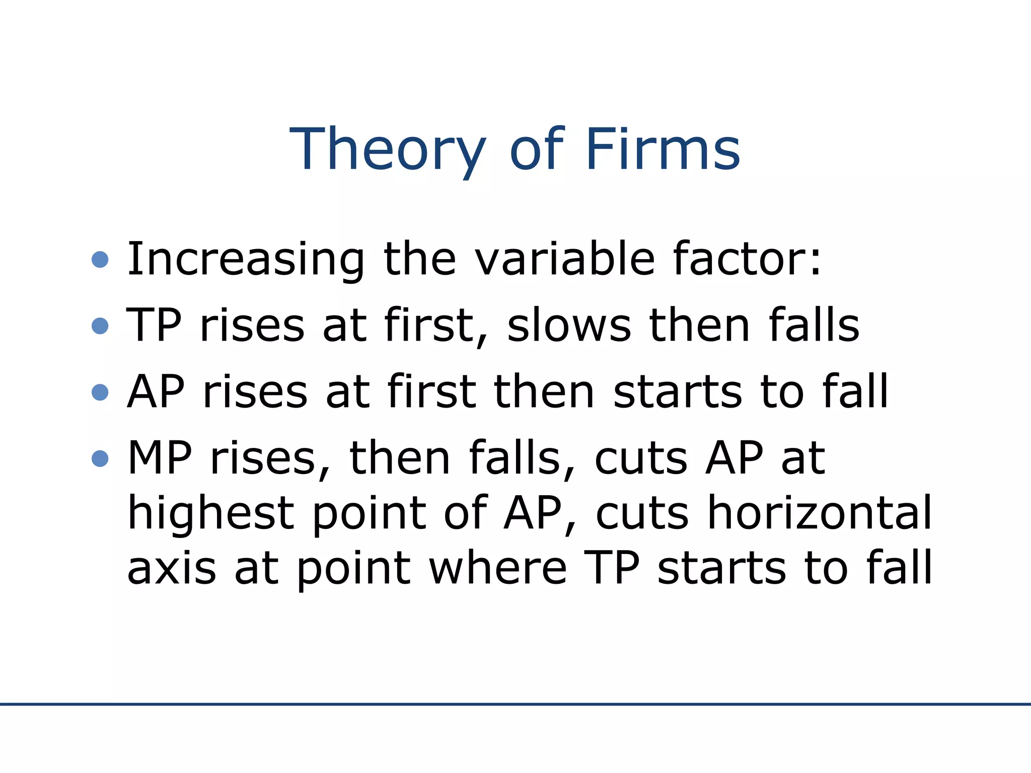 Theory of Firms Increasing the variable factor: TP rises at first, slows then falls AP rises at first then starts to fall MP rises, then falls, cuts AP at highest point of AP, cuts horizontal axis at point where TP starts to fall 