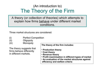 (An introduction to)
          The Theory of the Firm
   A theory (or collection of theories) which attempts to
     explain how firms behave under different market
                         conditions.

Three market structures are considered:

(i)         Perfect Competition
(ii)        Oligopoly
(iii)       Monopoly
                             The theory of the firm includes:
The theory suggests that     
                               Production theory
firms behave differently     
                               Cost theory
in different markets.        
                               Revenue theory
                             
                               Profit maximisation in different types of market
                             
                               An evaluation of the market structures against
                              efficiency and welfare criteria
 