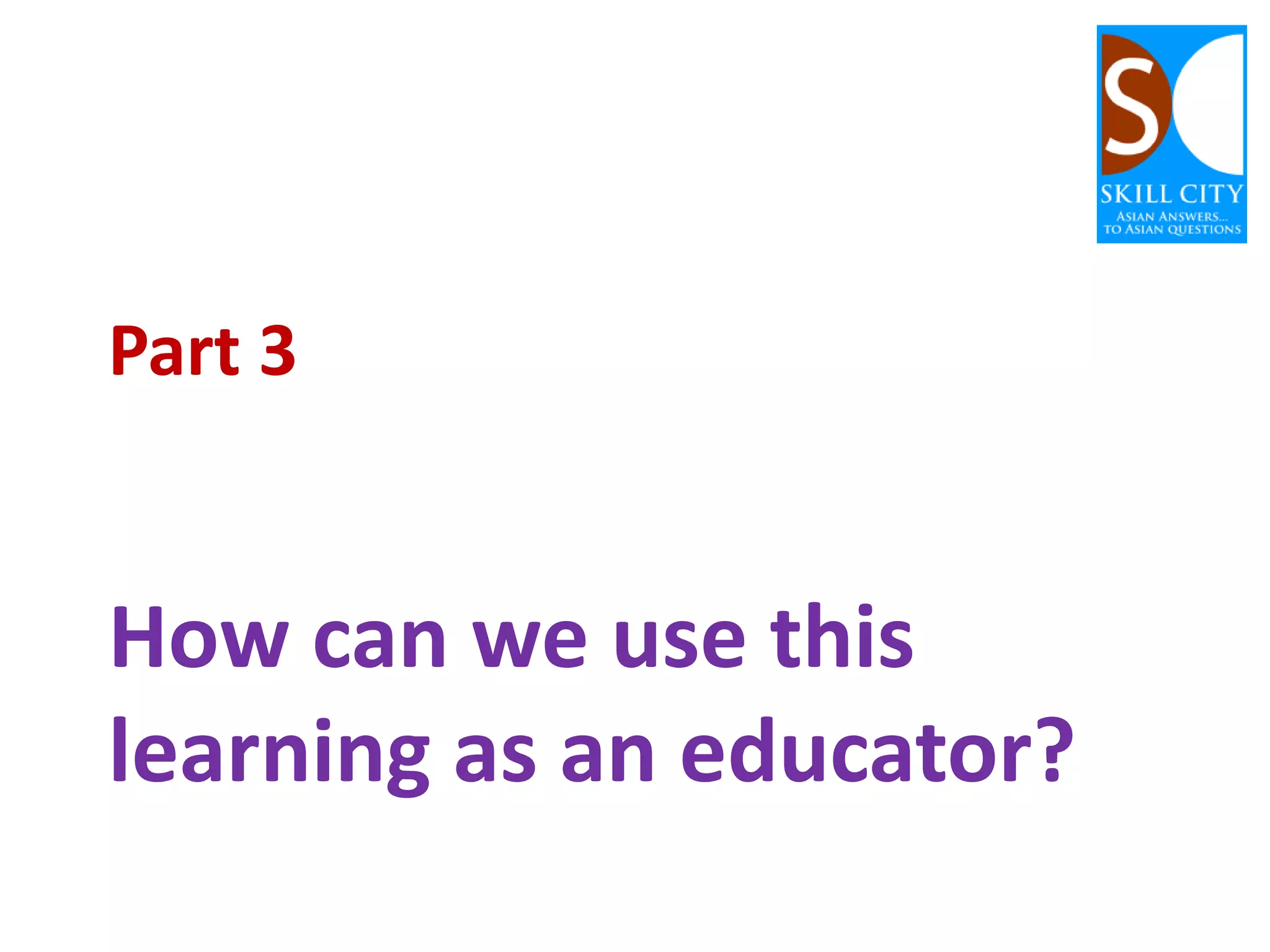4 VARK styles – Q 1 2013
27%

28%

21%

24%

V

A
R
K

May 2013: Based on the 101,773 responses to online VARK
Questionnaire during January-April 2013.

 