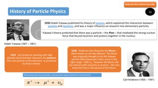 History of Particle Physics
1935 Hideki Yukawa published his theory of mesons, which explained the interaction between
protons and neutrons, and was a major influence on research into elementary particles.
Yukawa’s theory predicted that there was a particle – the Pion – that mediated the strong nuclear
force that bound neutrons and protons together in the nucleus
Hideki Yukawa (1907 – 1981)
1932 Carl Anderson working with high
altitude cloud chamber discovers the positron
(The anti-particle of the electron) as predicted
by Dirac’s theory
1936 Anderson also discovers the Muon –
(then known as the Mu-Meson) The Muon
was originally thought to be the Yukawa
particle (Pion) because it had a mass in the
right range ~ 200 me. However the Muon did
not interact with neutrons or protons. We now
know the Pion is the parent of the Muon.
Carl Anderson (1905 – 1991)
Pions decay into two particles, a muon and a muon neutrino or antineutrino
Shahzada Khan (2k16/mphy/38)
13
 