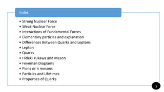 • Strong Nuclear Force
• Weak Nuclear Force
• Interactions of Fundamental Forces
• Elementary particles and explanation
• Differences Between Quarks and Leptons
• Lepton
• Quarks
• Hideki Yukawa and Meson
• Feynman Diagrams
• Pions or π mesons
• Particles and Lifetimes
• Properties of Quarks
Index
3
 