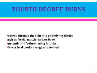 extend through the skin into underlying tissues
such as fascia, muscle, and/or bone
potentially life-threatening injuries
Never heal , unless surgically treated

14

 