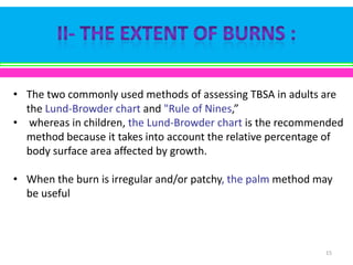• The two commonly used methods of assessing TBSA in adults are
the Lund-Browder chart and "Rule of Nines,”
• whereas in children, the Lund-Browder chart is the recommended
method because it takes into account the relative percentage of
body surface area affected by growth.
• When the burn is irregular and/or patchy, the palm method may
be useful

15

 