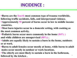 Burns are the fourth most common type of trauma worldwide,
following traffic accidents, falls, and interpersonal violence...