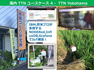 国内 TTN ユースケース国内 TTN ユースケース 4 - TTN Yokohama
IBM,欧米プロが
多用する
NODERed,Infl
uxDB,Grafana
でIoT構築！
 