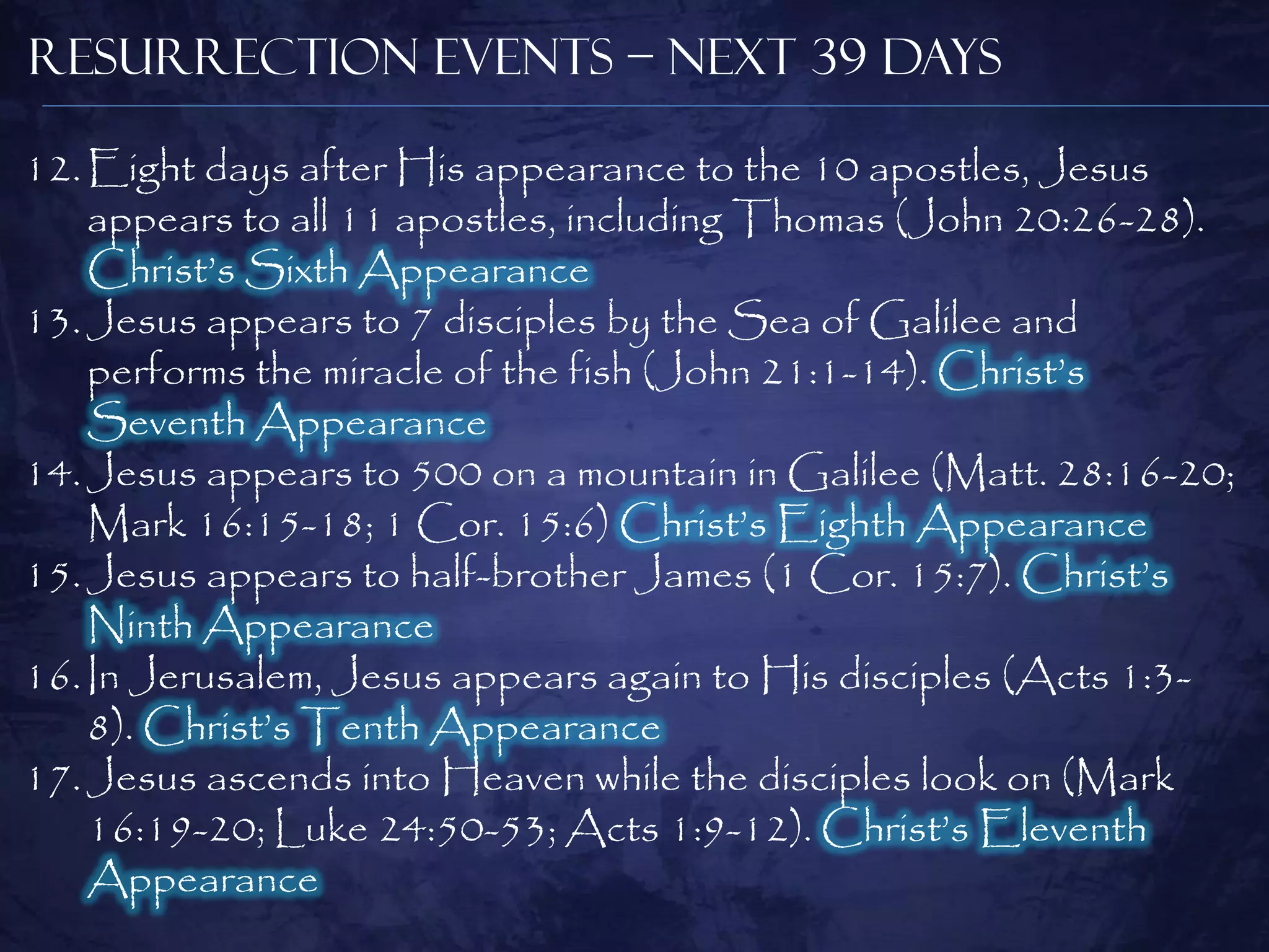 Resurrection Events – Next 39 days

12. Eight days after His appearance to the 10 apostles, Jesus
    appears to all 11 apostles, including Thomas (John 20:26-28).
    Christ‟s Sixth Appearance
13. Jesus appears to 7 disciples by the Sea of Galilee and
    performs the miracle of the fish (John 21:1-14). Christ‟s
    Seventh Appearance
14. Jesus appears to 500 on a mountain in Galilee (Matt. 28:16-20;
    Mark 16:15-18; 1 Cor. 15:6) Christ‟s Eighth Appearance
15. Jesus appears to half-brother James (1 Cor. 15:7). Christ‟s
    Ninth Appearance
16. In Jerusalem, Jesus appears again to His disciples (Acts 1:3-
    8). Christ‟s Tenth Appearance
17. Jesus ascends into Heaven while the disciples look on (Mark
    16:19-20; Luke 24:50-53; Acts 1:9-12). Christ‟s Eleventh
    Appearance
 