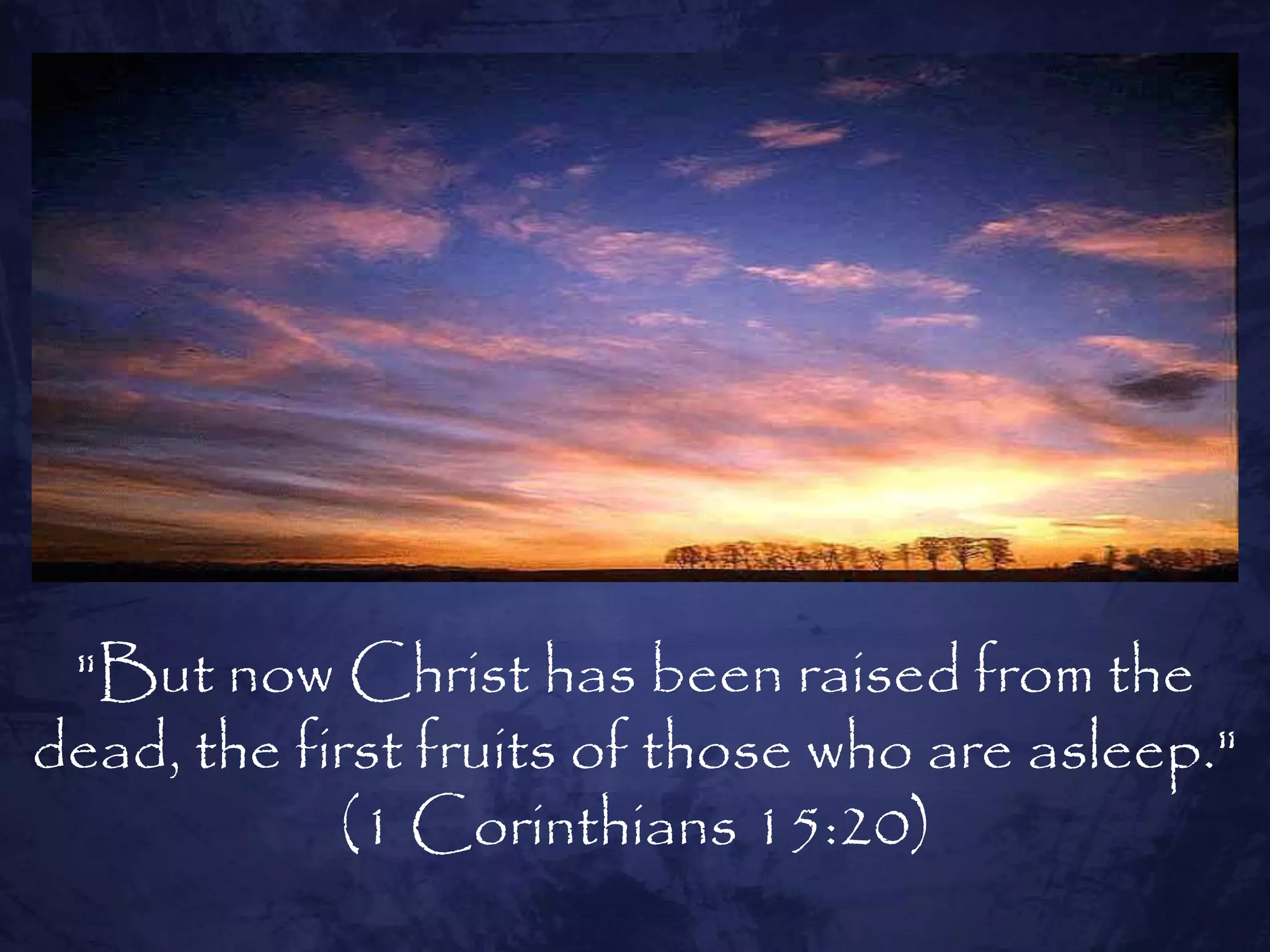 "But now Christ has been raised from the
dead, the first fruits of those who are asleep."
            (1 Corinthians 15:20)
 