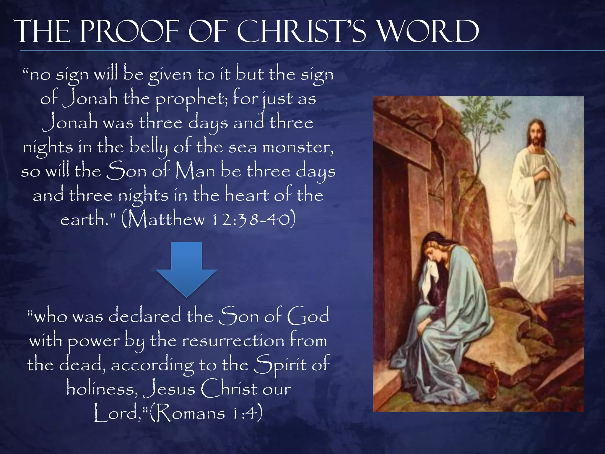 The Proof of Christ’s Word
―no sign will be given to it but the sign
  of Jonah the prophet; for just as
   Jonah was three days and three
nights in the belly of the sea monster,
so will the Son of Man be three days
 and three nights in the heart of the
     earth.‖ (Matthew 12:38-40)



"who was declared the Son of God
with power by the resurrection from
the dead, according to the Spirit of
     holiness, Jesus Christ our
        Lord,"(Romans 1:4)
 