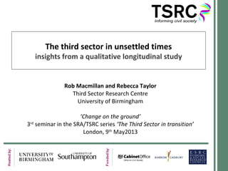 The third sector in unsettled times
insights from a qualitative longitudinal study
Rob Macmillan and Rebecca Taylor
Third Sector Research Centre
University of Birmingham
‘Change on the ground’
3rd
seminar in the SRA/TSRC series ‘The Third Sector in transition’
London, 9th
May2013
 
