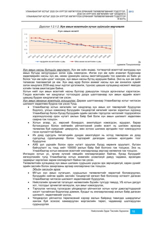 УЛААНБААТАР ХОТЫГ 2020 ОН ХҮРТЭЛ ХӨГЖҮҮЛЭХ ЕРӨНХИЙ ТӨЛӨВЛӨГӨӨНИЙ ТОДОТГОЛ, 
2030 ОН ХҮРТЭЛХ ХӨГЖЛИЙН ЧИГ ХАНДЛАГА 
УЛААНБААТАР ХОТЫГ 2020 ОН ХҮРТЭЛ ХӨГЖҮҮЛЭХ ЕРӨНХИЙ ТӨЛӨВЛӨГӨӨНИЙ ТОДОТГОЛ 
III БОТЬ 
2013 
Дүрслэл 1.2.1.2. Хүн амын өсөлтийн хүчин зүйлсийн өөрчлөлт 
Нийслэлийн Зураг Төслийн Хүрээлэн 16 
Эх 
сурвалж:Тооцоолсноор 
Хүн амын насны бүтцийн өөрчлөлт: Хүн ам зүйн өндөр, тогтвортой өсөлттэй жилүүдэд хүн 
амын бүтцэд залуучуудын эзлэх хувь нэмэгдсэн. Ингэж хүн ам зүйн ачаалал буурснаар 
хөдөлмөрийн насны хүн ам, нөхөн үржихүйн насны эмэгтэйчүүдийн тоо хамгийн их байх үе 
болох “хүн ам зүйн цонх” нээгдэж, хүн амын насны бүтэц идэршиж байна. Энэ нь хүн ам зүйн 
талаасаа тааламжтай үе юм. Хүн амд идэр болон ахимаг насны хүн ам зонхилох хувийг 
эзлэх хандлага 2030-аад оныг хүртэл үргэлжилж, түүнээс цааших хугацаанд насжилт явагдах 
хэтийн төлөв ажиглагдаж байна. 
Хотын нийт хүн амын өсөлтийг насны бүлгээр дэвшүүлэн тооцох аргачлалыг хэрэглэсэн. 
Гэхдээ өсөлтийн чиг хандлагыг тогтоохдоо доорх шалтгаанаар хүн амын ердийн өсөлт 
цаашид буурах хандлагатай гэж үзсэн. 
Хүн амын механик өсөлтийг зохицуулах: Дараах шалтгаанаар Улаанбаатар хотыг чиглэсэн 
шилжилт хөдөлгөөн буурна гэж үзсэн Үүнд: 
 Улаанбаатар хотын хөгжлийн чиг хандлагад хүн амын хэт төвлөрлийг бууруулах 
бодлого, улсын хэмжээнд бүсүүдийн тэнцвэртэй хөгжлийг хангах зорилгын хүрээнд 
Улаанбаатар болон бусад бүсүүдийн эдийн засгийн тэргүүлэх чиглэлийг тодорхойлон 
хэрэгжүүлснээр орон нутагт ажлын байр бий болж хүн амын шилжилт хөдөлгөөн 
саарна гэж тооцсон. 
 Хотын агаар, ус, хөрсний бохирдол, ажилгүйдэл нэмэгдсэн, ядуурал, бараа 
бүтээгдэхүүн болон нийгмийн үйлчилгээний үнийн өсөлт нь шилжин ирэхээр 
төлөвлөж буй хүмүүсийг цөөрүүлэх, мөн хотоос шилжих иргэдийн тоог нэмэгдүүлнэ 
гэсэн хүлээлттэй байна. 
 Их дээд сургууль төгсөгчдийн дундах ажилгүйдэл нь хотод төвлөрсөн их дээд 
сургуульд суралцахаар болон тэдгээрийг дагалдаж шилжин ирэгсдийн тоог 
бууруулна 
 АХБ уул уурхайн болон орон нутагт оруулах бусад хөрөнгө оруулалт, бүтээн 
байгуулалт нь тэнд нийт 100000 ажлын байр бий болгоно гэж тооцжээ. Энэ нь 
Улаанбаатар хотын механик өсөлтийг хязгаарлахад эергээр нөлөөлнө гэж тооцсон. 
Ингэхдээ хотын ус, эрчим хүчний нөөцийн хязгаарлагдмал байгаа, бусад бүсүүдийг 
хөгжүүлэхийн тулд Улаанбаатар хотын өнөөгийн үнэмлэхүй давуу чадавхи, өрсөлдөх 
чадварыг харгалзан зарим хязгаарлалт байна гэж үзсэн. 
Төлөвлөлтийн хугацаанд хүн амын шилжин суурьших үндсэн эрх зөрчигдөхгүй, харин үүнийг 
эдийн засгийн болон захиргааны аргаар хязгаарлана гэж тооцсон. 
Эдийн засгийн арга: 
 МУ-ын хүн амын нутагшил, суурьшлын төлөвлөлтийг яаралтай боловсруулан, 
бүсүүдийн нийгэм эдийн засгийн тэнцвэртэй хөгжил бий болсноор хотжилт дагасан 
Улаанбаатар чиглэсэн шилжилт хөдөлгөөнийг бууруулах, 
 Нийслэлийн эрчимтэй таталцал нөлөөллийн бүсийн тулгуур төвүүд, УБ хотын дагуул 
хот, тосгодыг эрчимтэй хөгжүүлж, хүн амыг нэмэгдүүлэх, 
 Тэргүүлэх чиглэлд тусгагдсан үйлдвэрлэл үйлчилгээг хотын нутаг дэвсгэр/тодорхой 
хэсэгт тусгайлсан бодлогоор дэмжих, бусдыг нь хязгаарласнаар ажлын байр дагасан 
шилжилт, хөдөлгөөнийг үүсгэх, 
 Үйлдвэрлэл үйлчилгээ төрөлжсөний хэрээр ажлын байранд тавигдах шаардлагыг 
хангаж буй эсэхээс хамааруулан мэргэжлийн төрөл, чадавхиар шалгаруулан 
суурьшуулах 
 
