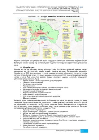 УЛААНБААТАР ХОТЫГ 2020 ОН ХҮРТЭЛ ХӨГЖҮҮЛЭХ ЕРӨНХИЙ ТӨЛӨВЛӨГӨӨНИЙ ТОДОТГОЛ, 
2030 ОН ХҮРТЭЛХ ХӨГЖЛИЙН ЧИГ ХАНДЛАГА 
УЛААНБААТАР ХОТЫГ 2020 ОН ХҮРТЭЛ ХӨГЖҮҮЛЭХ ЕРӨНХИЙ ТӨЛӨВЛӨГӨӨНИЙ ТОДОТГОЛ 
III БОТЬ 
2013 
Дүрслэл 1.2.3.1. Дагуул, хаяа хот, тосгодын хөгжил /2020 он/ 
Нүүлгэн шилжүүлж буй үйлдвэр аж ахуйн газруудын хэвийн үйл ажиллагаа явуулах нөхцөл 
бололцоог хангах талаар төр засгаас тусгай бодлого боловсруулж хэрэгжүүлэх арга хэмжээ 
авна. 
Нийслэлийн Зураг Төслийн Хүрээлэн 24 
 Налайх хот: 
Налайх хот нь аж үйлдвэр, аялал жуулчлал, соёл боловсрол эрчимтэй хөгжсөн дагуул 
суурьшлын хот ба дүүргийн төвийн үүргийг хадгалж хөгжинө. Төлөвлөлтийн хугацаанд 
Налайх хот нь 58.0 мянган оршин суугчтай дараах чиглэлийн үйлдвэрлэл үйлчилгээ түлхүү 
хөгжсөн Улаанбаатар хотын хүн амын цаашдын механик өсөлтийг сааруулахад мэдэгдэхүйц 
нөлөө үзүүлнэ. Тус хотын бие даасан байдал нэмэгдэж дараах чиглэлийн үйлдвэрлэл 
үйлчилгээ түлхүү хөгжинө. Үүнд: 
- Өрхийн аж ахуй / тенент парк / жижиг дунд үйлдвэрлэл 
- Технологи нутагшуулах парк 
- Аялал жуулчлалын салбар 
- Тээвэр ложистик. 
- Хүнс, хөнгөн үйлдвэрлэл. /Өөрийн хотын хэрэгцээг бүрэн хангах / 
- Барилгын материалын үйлдвэрлэл, бөөний худалдаа 
- Утаагүй түлшний үйлдвэрлэл 
- Мэргэжлийн сургалт үйлдвэрлэлийн төв 
- Шинэ технологи нутагшуулах парк 
- Улс, хотын чанартай томоохон эмнэлгийн цогцолбор 
 Багануур хот: 
Багануур хотыг төлөвлөлтийн хугацаанд 50.0 мянган хүн амтай уул уурхай, эрчим хүч, хими 
технологи, барилгын материалын үйлдвэрлэл түлхүү хөгжсөн стратегийн ач холбогдолтой 
аж үйлдвэрийн хот, дүүргийн төв болгохоор төлөвлөж байна. Багануур хот нь Улаанбаатар 
хоттой автозам, төмөр замаар холбогддог давуу талыг цаашид улам хөгжүүлнэ. Багануур 
хотод дараах үйлдвэрлэлийг түлхүү хөгжүүлнэ. Үүнд: 
- Түлш эрчим хүчний үйлдвэрлэл 
- Нүүрс боловсруулах / баяжуулах /, утаагүй түлшний үйлдвэрлэл 
- Шатдаг хий, шингэрүүлсэн түлшний үйлдвэрлэл 
- Бордооны үйлдвэрлэл /ургамлын бордоо, газар тариалан, зүлэгжүүлэх г.м/ 
- Химийн үйлдвэрийн түүхий эд, анхан шатны бүтээгдэхүүн болох давирхай гаргах 
- Шүүлтүүрийн нүүрсний үйлдвэрлэл 
- Барилгын ханын материалын үйлдвэрлэл /хөнгөн блок/ болон түүхий эдийн үйлдвэрлэл / 
хайрга ангилан ялгах / 
- Төмөрлөгийн үйлдвэрлэл / төрөл бүрийн арматур / 
- Жонш байжуулах үйлдвэрлэл 
- Нано-биотехнологийн үйлдвэрлэл 
 