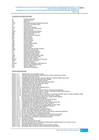 УЛААНБААТАР ХОТЫГ 2020 ОН ХҮРТЭЛ ХӨГЖҮҮЛЭХ ЕРӨНХИЙ ТӨЛӨВЛӨГӨӨНИЙ ТОДОТГОЛ, 
2030 ОН ХҮРТЭЛХ ХӨГЖЛИЙН ЧИГ ХАНДЛАГА 
УЛААНБААТАР ХОТЫГ 2020 ОН ХҮРТЭЛ ХӨГЖҮҮЛЭХ ЕРӨНХИЙ ТӨЛӨВЛӨГӨӨНИЙ ТОДОТГОЛ 
III БОТЬ 
2013 
Нийслэлийн Зураг Төслийн Хүрээлэн 3 
ТОВЧИЛСОН НЭРСИЙН ЖАГСААЛТ 
ЕТ Ерөнхий төлөвлөгөө 
УБ Улаанбаатар хот 
МУ Монгол улс 
ÍÈÒÕ Нийслэлийн Иргэдийн Төлөөлөгчдийн Хурал 
ҮСХ Үндэсний Статистикийн Хороо 
ГХ Гэр хорооолол 
ОСХ Орон сууцны хороолол 
НСГ Нийслэлийн Статистикийн газар 
ХО Хөрөнгө оруулалт 
ҮХЦБ Үндэсний хөгжлийн цогц бодлого 
МХЗ Мянганы хөгжлийн зорилтууд 
ЭМЯ Эрүүл мэндийн яам 
АОС Амины орон сууцны хороолол 
БГД Баянгол дүүрэг 
БЗД Баянзүрх дүүрэг 
ЧД Чингэлтэй дүүрэг 
СБД Сүхбаатар дүүрэг 
ХУД Хан-Уул дүүрэг 
СХД Сонгино-Хайрхан дүүрэг 
БНД Багануур дүүрэг 
БХД Багахангай дүүрэг 
НД Налайх дүүрэг 
НЗТХ Нийслэлийн Зураг Төслийн Хүрээлэн 
МУИС Монгол Улсын Их Сургууль 
ГГС Газарзүй, геологийн сургууль 
ҮХХ Үндэсний Хөгжлийн Хүрээлэн 
НТГ Нийслэлийн Тээврийн Газар 
НОБГ Нийслэлийн Онцгой Байдлын Газар 
НАЗГ Нийслэлийн Авто Замын Газар 
ШУА Шинжлэх Ухааны Академи 
ШУТИС Шинжлэх Ухаан, Технологийн Их Сургууль 
ЭХИС Эрчим Хүчний Их Сургууль 
ГЗХ ГазарЗүйн Хүрээлэн 
ООГФСТ Одон орон, Геофизикийн судалгааны төв 
НҮБ Нэгдсэн Үндэстний Байгууллага 
ЗХУ Зөвлөлт Холбоот Улс 
ТЦБ Төв цэвэрлэх байгууламж 
ХҮСНЭГТИЙН ЖАГСААЛТ 
Хүснэгт 1.1.1. Төвийн бүсийн нутаг дэвсгэрийн систем. 
Хүснэгт 1.1.2. Нийслэлийн эрчимтэй таталцал нөлөөллийн бүс дэх бүлэг суурингийн тогтолцоо 
Хүснэгт 1.2.1.1. Хүн амын хэтийн төлөв, 2020 он 
Хүснэгт 1.2.1.2. Улаанбаатарын бүсийн хүн амын нутагшил суурьшлын төсөөлөл (2020он, мянган хүн) 
Хүснэгт 1.2.2.1. Улаанбаатарын бүсийн ДНБ өсөлтийн тухай төсөөлөл 
Хүснэгт 1.2.2.2. Улаанбаатарын бүсийн ДНБ салбарын бүтцээр 
Хүснэгт 1.2.6.1. Ерөнхий боловсролын сургуулийн хүчин чадал /мян.сурагч/ 
Хүснэгт 1.2.6.2. Хүүхдийн цэцэрлэгийн хүчин чадал /мян.хүүхэд/ 
Хүснэгт 1.2.6.3. Эмнэлгийн үйлчилгээний төлөвлөлт 
Хүснэгт 1.2.6.4. Тусгай болон соёл ахуйн үйлчилгээ 
Хүснэгт 1.2.7.1.1. Улаанбаатарын бүсийн дулаан хангамжийн бүтэц 
Хүснэгт 1.2.7.1.2. Хэрэгжүүлэх арга хэмжээ /2020 он/ 
Хүснэгт 1.2.7.2.1. Дагуул, хаяа хот тосгодын цахилгааны ачаалал, хэрэглээний динамик өсөлт 
Хүснэгт 1.2.7.2.2. Улаанбаатар хот болон дагуул хаяа хот, тосгодын цахилгааны ачаалал болон хэрэглээ 
Хүснэгт 1.2.7.2.3. Хэрэгжүүлэх арга хэмжээний жагсаалт /2020 он/ 
Хүснэгт 1.2.7.3.1. 2020 оны УБ-ын бүсийн дагуул хаяа хот, тосгодын хүн амын усан хангамж, ариутгах татуургын зардлын тооцоо 
Хүснэгт 1.2.7.3.2. Улаанбаатарын бүсийн цэвэр усны нийт хэрэглээний тооцоо /2020он/ 
Хүснэгт 1.3.1. Шинээр байгуулах онцгой байдлын албаны анги, салбар нэгжийн байршил 
Хүснэгт 1.3.2. Нүүлгэн шилжүүлж, түр суурьшуулах байршил 
Хүснэгт 1.3.3. Гамшгийн менежментийн хэрэгжүүлэх арга хэмжээний жагсаалт 
Хүснэгт 2.2.3.1. Улаанбаатарын бүсийн ажиллах хүчний хэтийн төлөв 
Хүснэгт 2.2.3.2. Улаанбаатарын бүсэд Улаанбаатар хотын ажиллах хүчний эзлэх хувь 
Хүснэгт 2.3.1.1. Улаанбаатар хотын төлөвлөлтийн бүсийн хүн ам./ 2020 он/ 
Хүснэгт 2.3.1.2. Төлөвлөлтийн нэгж хорооллын хүн ам, дундаж давхар, нягтрал /2020/ 
Хүснэгт 2.3.1.3. Улаанбаатар хотын нутаг дэвсгэрийн хуваарилалт /2020 он/ 
Хүснэгт 2.3.3.1. Санал болгож буй хот төлөвлөлтийн бүсчлэл 
Хүснэгт 2.3.3.2. УБ хотын хот төлөвлөлтийн үндсэн бүсүүд /2020 он/ 
Хүснэгт 2.4.1.1.1. Автозам, замын байгууламжийн тодорхойлолт /2020 он/ 
Хүснэгт 2.4.1.2.1. УБ хотын авто замын сүлжээг 2020 он хүртэл хөгжүүлэх арга хэмжээний төлөвлөгөө 
Хүснэгт 2.4.1.3.1. УБ хотын хурдны замын олон түвшний огтлолцлууд 
Хүснэгт 2.4.1.3.2. УБ хотын гол гудамж зам-1-д төлөвлөгдөж буй олон түвшний огтлолцлууд 
Хүснэгт 2.4.1.3.3. Гол гудамж зам-1-д төлөвлөгдөж буй бусад олон түвшний огтлолцлууд 
Хүснэгт 2.4.1.4.1. Шинээр баригдах дугуйн болон гүйлтийн замын жагсаалт 
Хүснэгт 2.5.1.1. Сургуулийн хангамж 
Хүснэгт 2.5.1.2. Цэцэрлэгийн хангамж 
Хүснэгт 2.5.2.1. Соёл ахуйн үйлчилгээний хангамж 
Хүснэгт 2.5.2.2. УБ хотын соёл ахуйн үйлчилгээний барилга байгууламжийн хөрөнгө оруулалтын томсгосон тооцоо 
Хүснэгт 2.5.3.1. Эрүүл мэндийн байгууллагын хангамж 
Хүснэгт 2.5.4.1. Инженерийн бүрэн хангамжтай сууцны хэрэгцээ ба эрэлт /2020он/ 
Хүснэгт 2.5.4.2. Инженерийн бүрэн хангамжтай сууцны нийлүүлэлтийн төлөв /2020он/ 
 