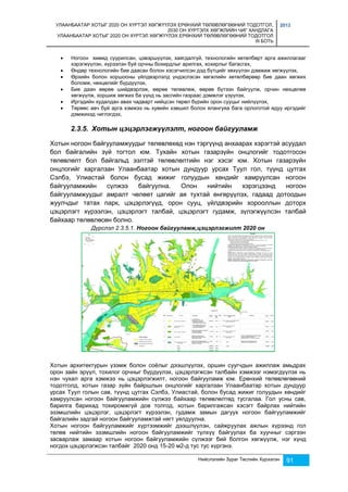 УЛААНБААТАР ХОТЫГ 2020 ОН ХҮРТЭЛ ХӨГЖҮҮЛЭХ ЕРӨНХИЙ ТӨЛӨВЛӨГӨӨНИЙ ТОДОТГОЛ, 
2030 ОН ХҮРТЭЛХ ХӨГЖЛИЙН ЧИГ ХАНДЛАГА 
УЛААНБААТАР ХОТЫГ 2020 ОН ХҮРТЭЛ ХӨГЖҮҮЛЭХ ЕРӨНХИЙ ТӨЛӨВЛӨГӨӨНИЙ ТОДОТГОЛ 
III БОТЬ 
2013 
 Ногоон химид суурилсан, цэвэршүүлэх, хаягдалгүй, технологийн хөтөлбөрт арга ажиллагааг 
хэрэгжүүлэн, хүрээлэн буй орчны бохирдлыг арилгах, хохирлыг багасгах, 
 Өндөр технологийн бие даасан болон хэсэгчилсэн дэд бүтцийг хөхүүлэн дэмжиж хөгжүүлэх, 
 Өрхийн болон хоршооны үйлдвэрлэлд үндэслэсэн хөгжлийн хөтөлбөрөөр бие даан хөгжих 
Нийслэлийн Зураг Төслийн Хүрээлэн 91 
боломж, нөхцөлийг бүрдүүлэх, 
 Бие даан өөрөө шийдвэрлэж, өөрөө төлөвлөж, өөрөө бүтээн байгуулж, орчин нөхцөлөө 
хөгжүүлж, хоршиж хөгжих ба үүнд нь засгийн газраас дэмжлэг үзүүлэх, 
 Иргэдийн худалдан авах чадварт нийцсэн төрөл бүрийн орон сууцыг нийлүүлэх, 
 Төрөөс авч буй арга хэмжээ нь хувийн хэвшил болон ялангуяа бага орлоготой ядуу иргэдийг 
дэмжихэд чиглэгдэх, 
2.3.5. Хотын цэцэрлэгжүүлэлт, ногоон байгууламж 
Хотын ногоон байгууламжуудыг төлөвлөхөд нэн тэргүүнд анхаарах хэрэгтэй асуудал 
бол байгалийн зүй тогтол юм. Тухайн хотын газарзүйн онцлогийг тодотгосон 
төлөвлөлт бол байгальд ээлтэй төлөвлөлтийн нэг хэсэг юм. Хотын газарзүйн 
онцлогийг харгалзан Улаанбаатар хотын дундуур урсах Туул гол, түүнд цутгах 
Сэлбэ, Улиастай болон бусад жижиг голуудын хөндийг хамруулсан ногоон 
байгууламжийн сүлжээ байгуулна. Олон нийтийн хэрэгцээнд ногоон 
байгууламжуудыг амралт чөлөөт цагийг ая тухтай өнгөрүүлэх, гадаад дотоодын 
жуулчдыг татах парк, цэцэрлэгүүд, орон сууц, үйлдвэрийн хорооллын доторх 
цэцэрлэгт хүрээлэн, цэцэрлэгт талбай, цэцэрлэгт гудамж, зүлэгжүүлсэн талбай 
байхаар төлөвлөсөн болно. 
Дүрслэл 2.3.5.1. Ногоон байгууламж,цэцэрлэгжилт 2020 он 
Хотын архитектурын үзэмж болон соёлыг дээшлүүлэх, оршин суугчдын ажиллаж амьдрах 
орон зайн эрүүл, тохилог орчныг бүрдүүлэх, цэцэрлэгжсэн талбайн хэмжээг нэмэгдүүлэх нь 
нэн чухал арга хэмжээ нь цэцэрлэгжилт, ногоон байгууламж юм. Ерөнхий төлөвлөгөөний 
тодотголд, хотын газар зүйн байршлын онцлогийг харгалзан Улаанбаатар хотын дундуур 
урсах Туул голын сав, түүнд цутгах Сэлбэ, Улиастай, болон бусад жижиг голуудын хөндийг 
хамруулсан ногоон байгууламжийн сүлжээ байхаар төлөвлөлтөд тусгалаа. Гол усны сав, 
барилга барихад тохиромжгүй дов толгод, хотын барилгажсан хэсэгт байрлах нийтийн 
эзэмшлийн цэцэрлэг, цэцэрлэгт хүрээлэн, гудамж замын дагуух ногоон байгууламжийг 
байгалийн задгай ногоон байгууламжтай нягт уялдуулна. 
Хотын ногоон байгууламжийг хүртээмжийг дээшлүүлэн, сайжруулах ажлын хүрээнд гол 
төлөв нийтийн эзэмшлийн ногоон байгууламжийг түлхүү байгуулах ба хуучныг сэргээн 
засварлаж замаар хотын ногоон байгууламжийн сүлжээг бий болгон хөгжүүлж, нэг хүнд 
ногдох цэцэрлэгжсэн талбайг 2020 онд 15-20 м2-д тус тус хүргэнэ. 
 