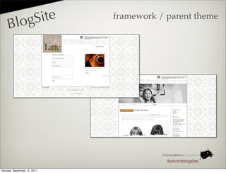 ogSite                framework / parent theme
    Bl




                                         @photoblogsites

Monday, September 12, 2011
 