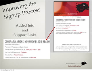 ing the
   I mp rov       ess
         up Pr oc
    S ign
                        Added Info
                           and
                       Support Links




                                       @photoblogsites

Monday, September 12, 2011
 