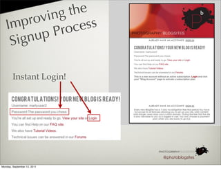 ing the
   I mp rov       ess
         up Pr oc
    S ign

        Instant Login!




                             @photoblogsites

Monday, September 12, 2011
 