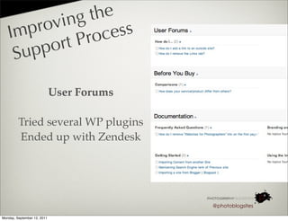 ing   the
   I mp rov          ess
            rt P roc
    S up po

                             User Forums

         Tried several WP plugins
         Ended up with Zendesk




                                           @photoblogsites

Monday, September 12, 2011
 
